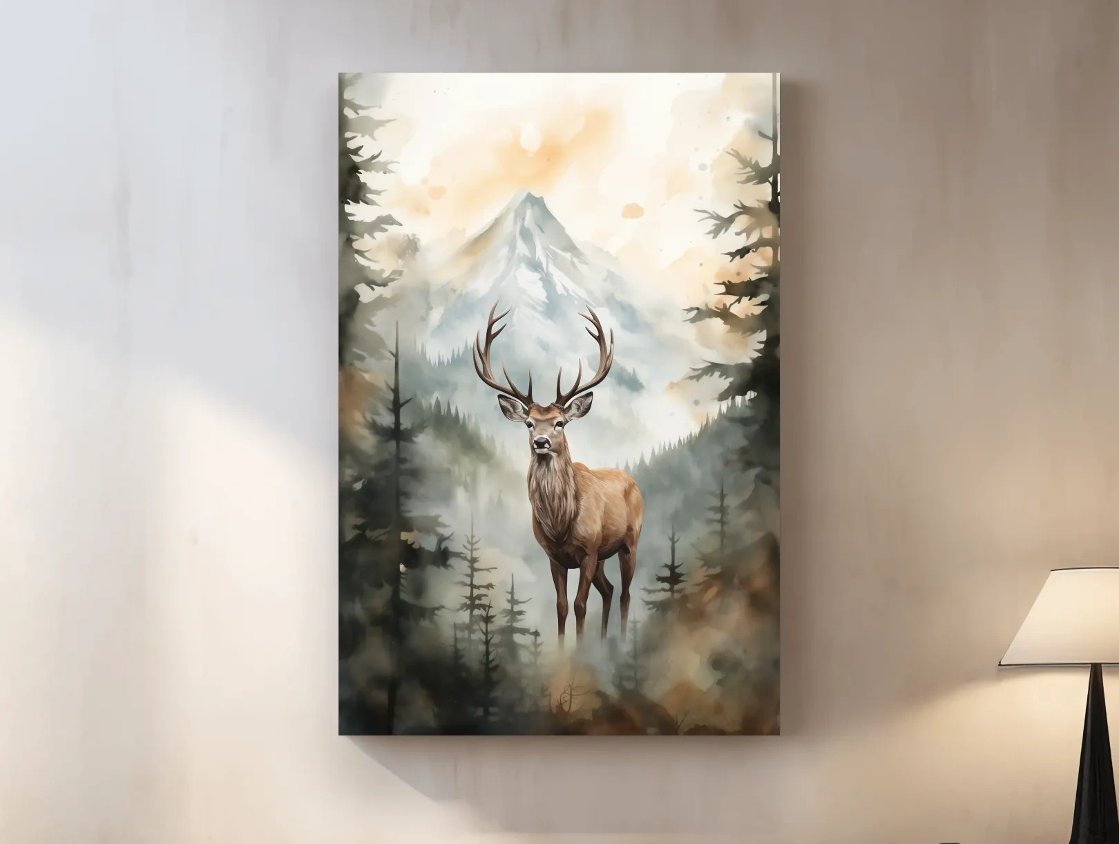 Watercolor Stag In Misty Mountain Forest - Serene Wildlife Wall Art