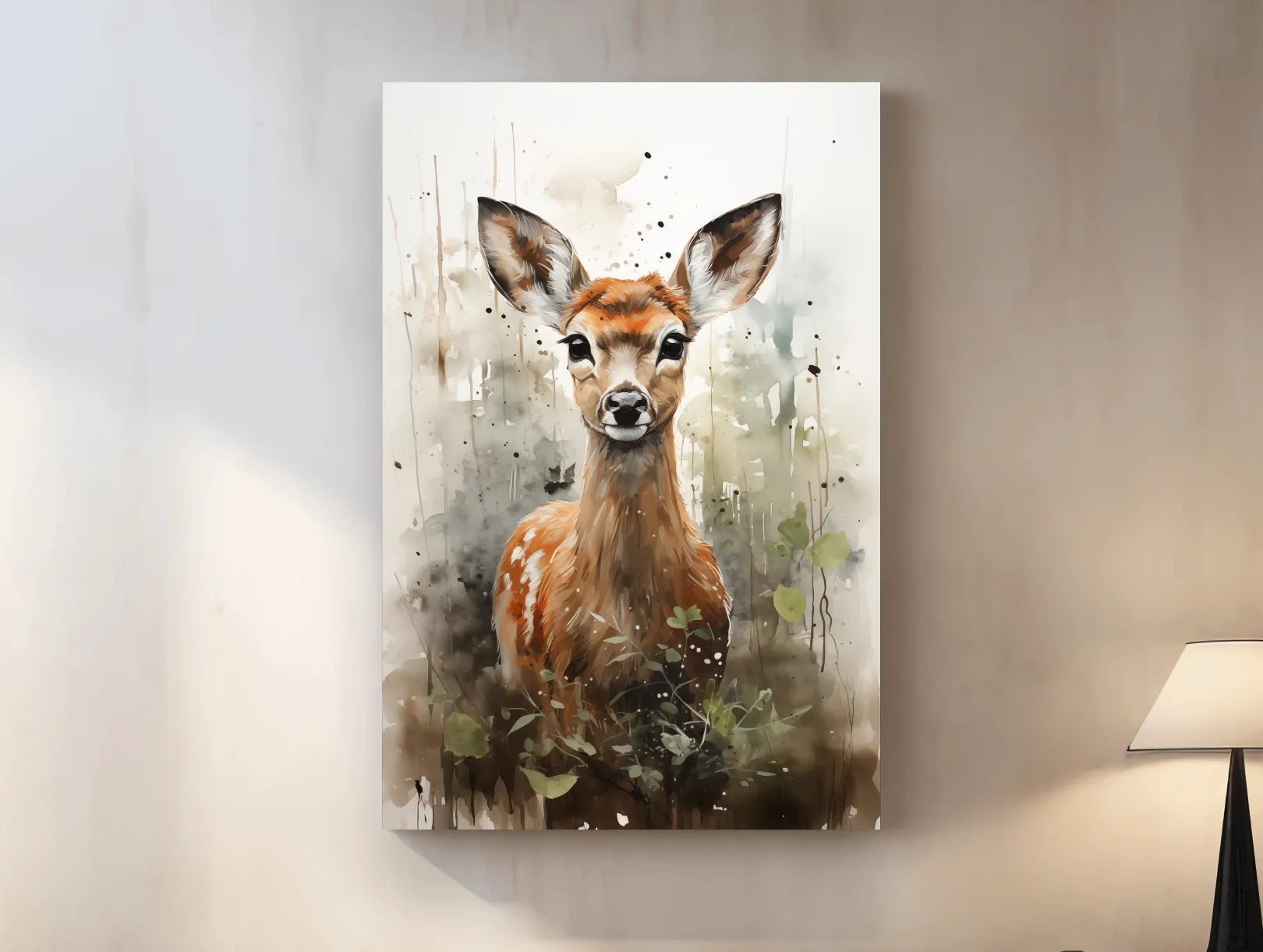 Watercolor fawn wall art, delicate forest setting artwork