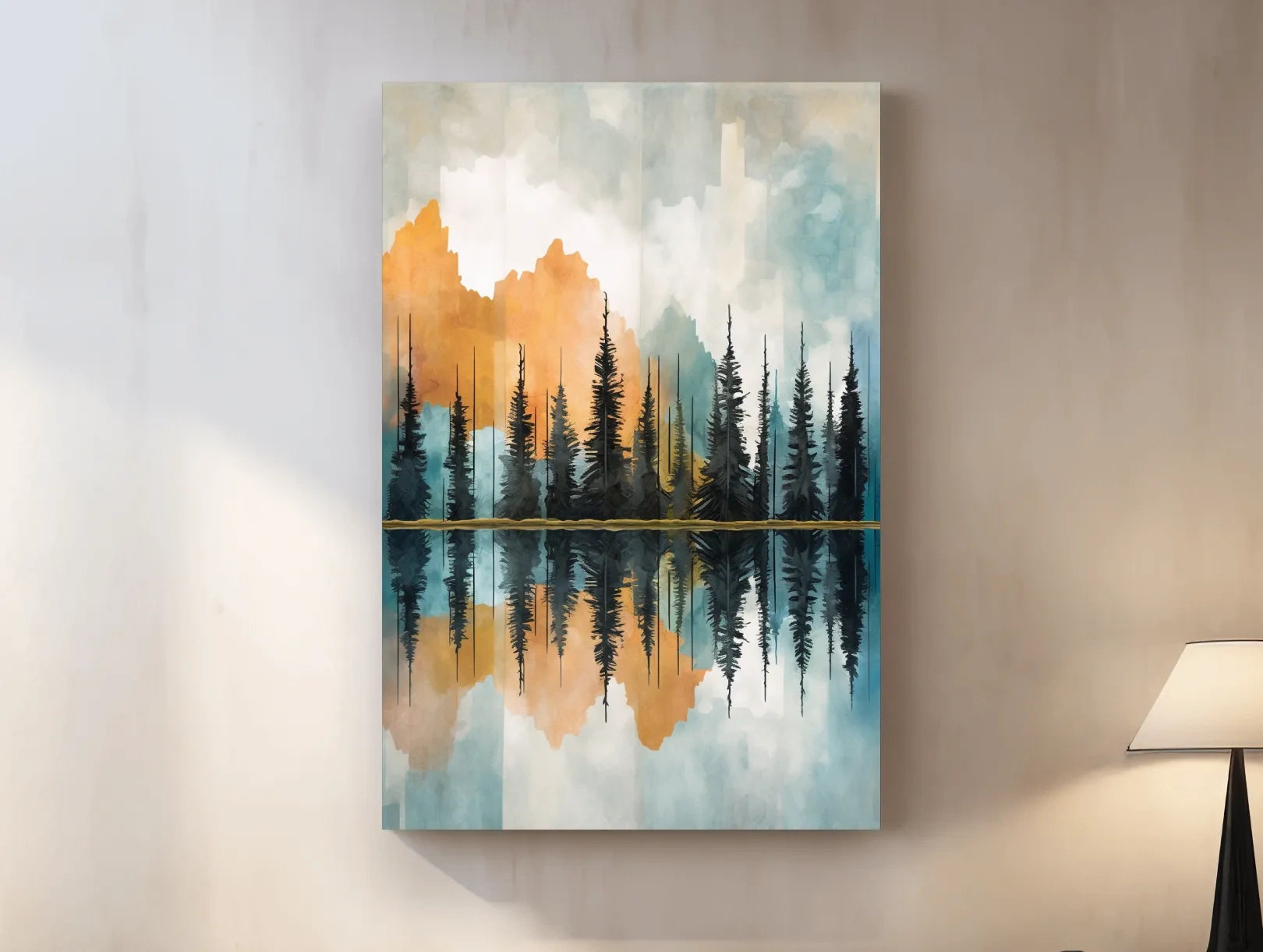 Abstract Watercolor Mountain Lake Reflection - Alpine Forest Landscape Artwork