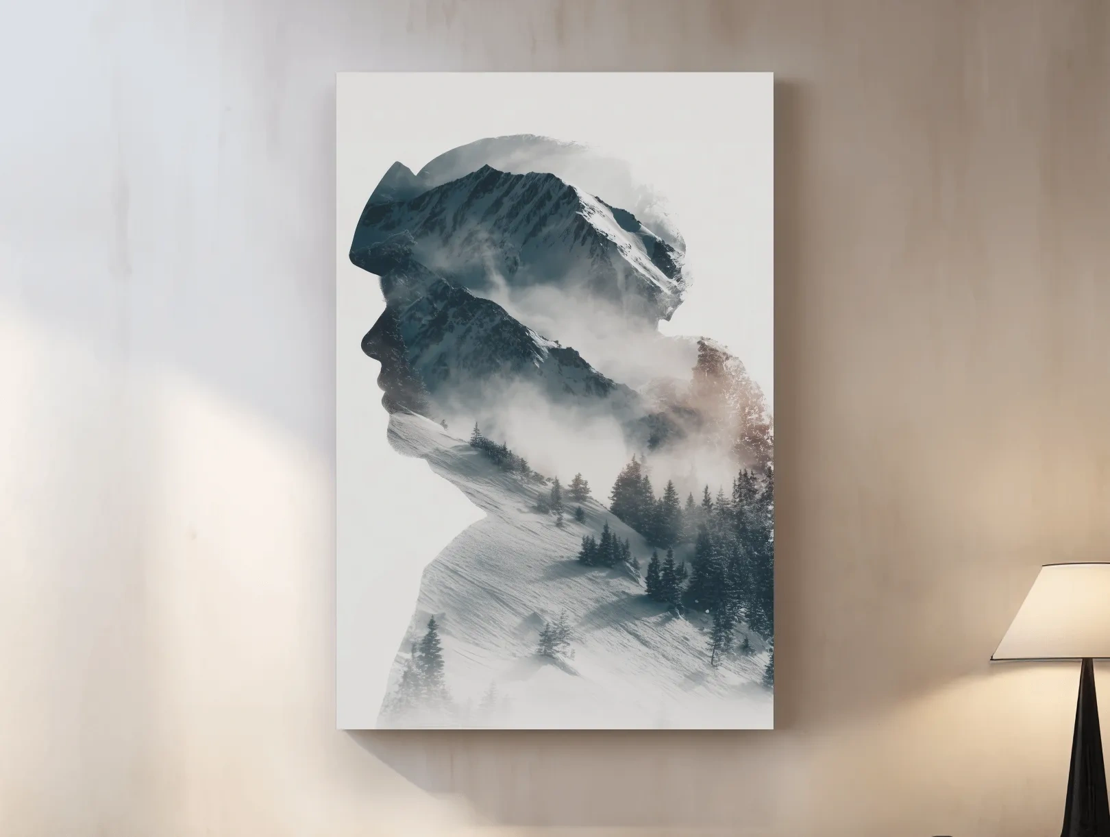 Surreal Double Exposure Skier & Mountain Portrait - Moody Misty Alpine Forest Wall Art