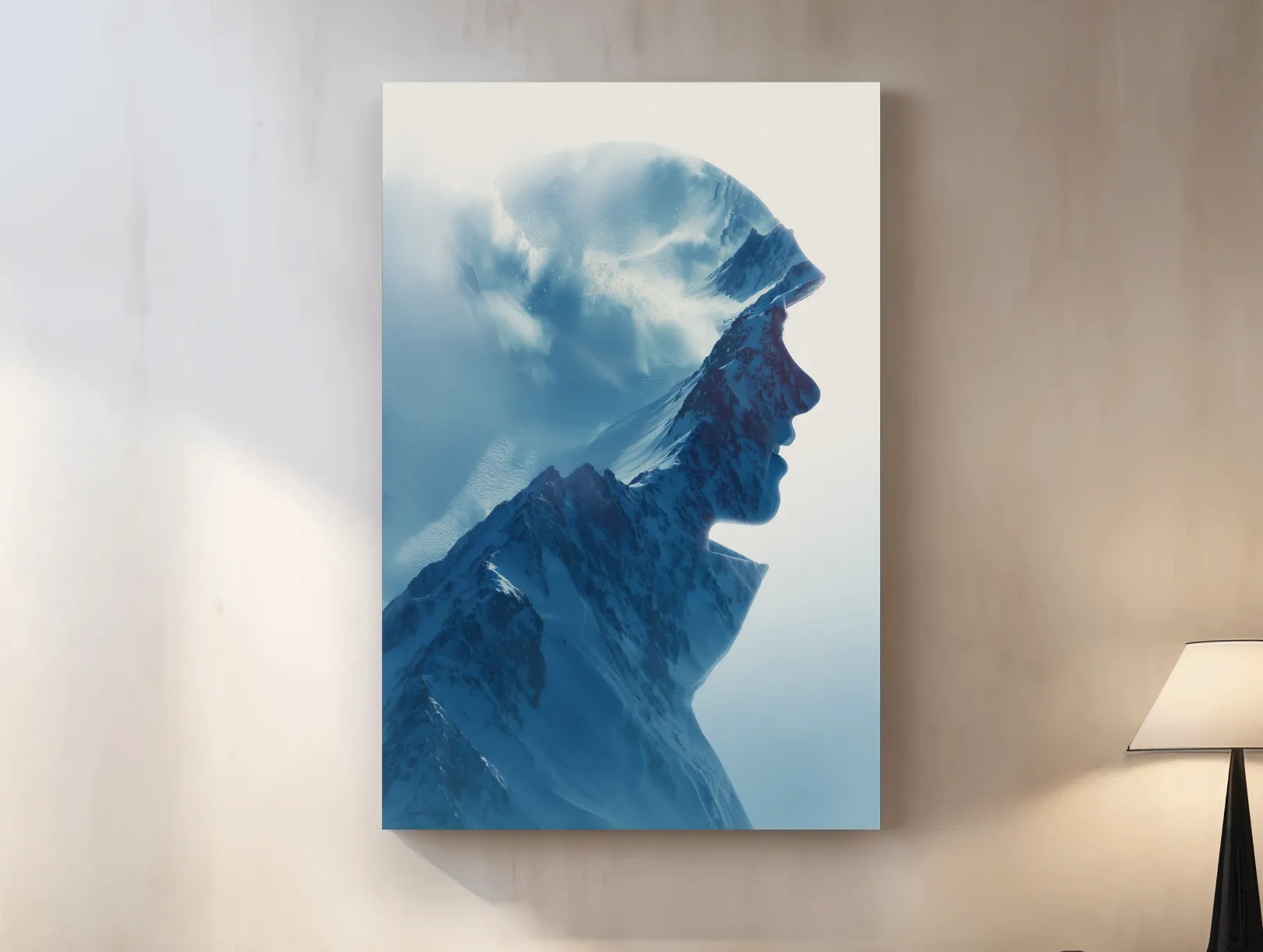 Double Exposure Mountain & Skier Portrait - Modern Snowy Alpine Wall Art