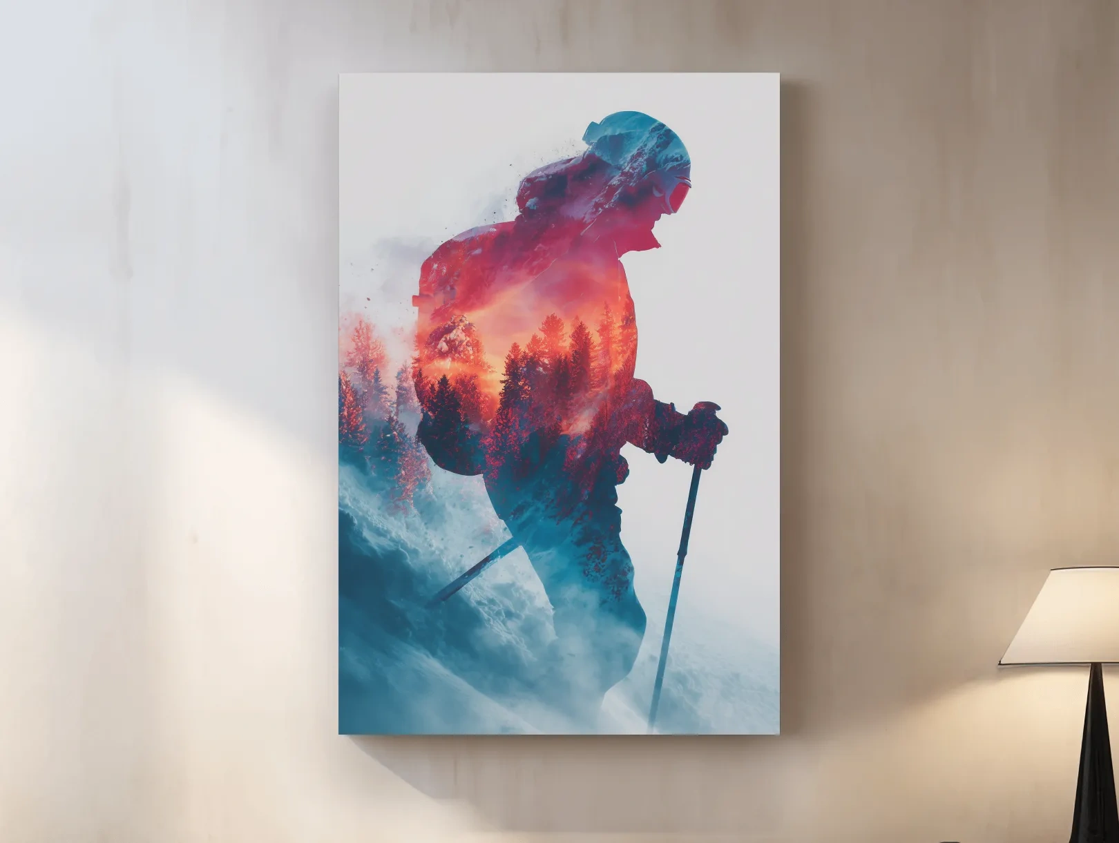 Double Exposure Skiier Silhouette Forest Sunset - Adventure Mountain Landscape Artwork