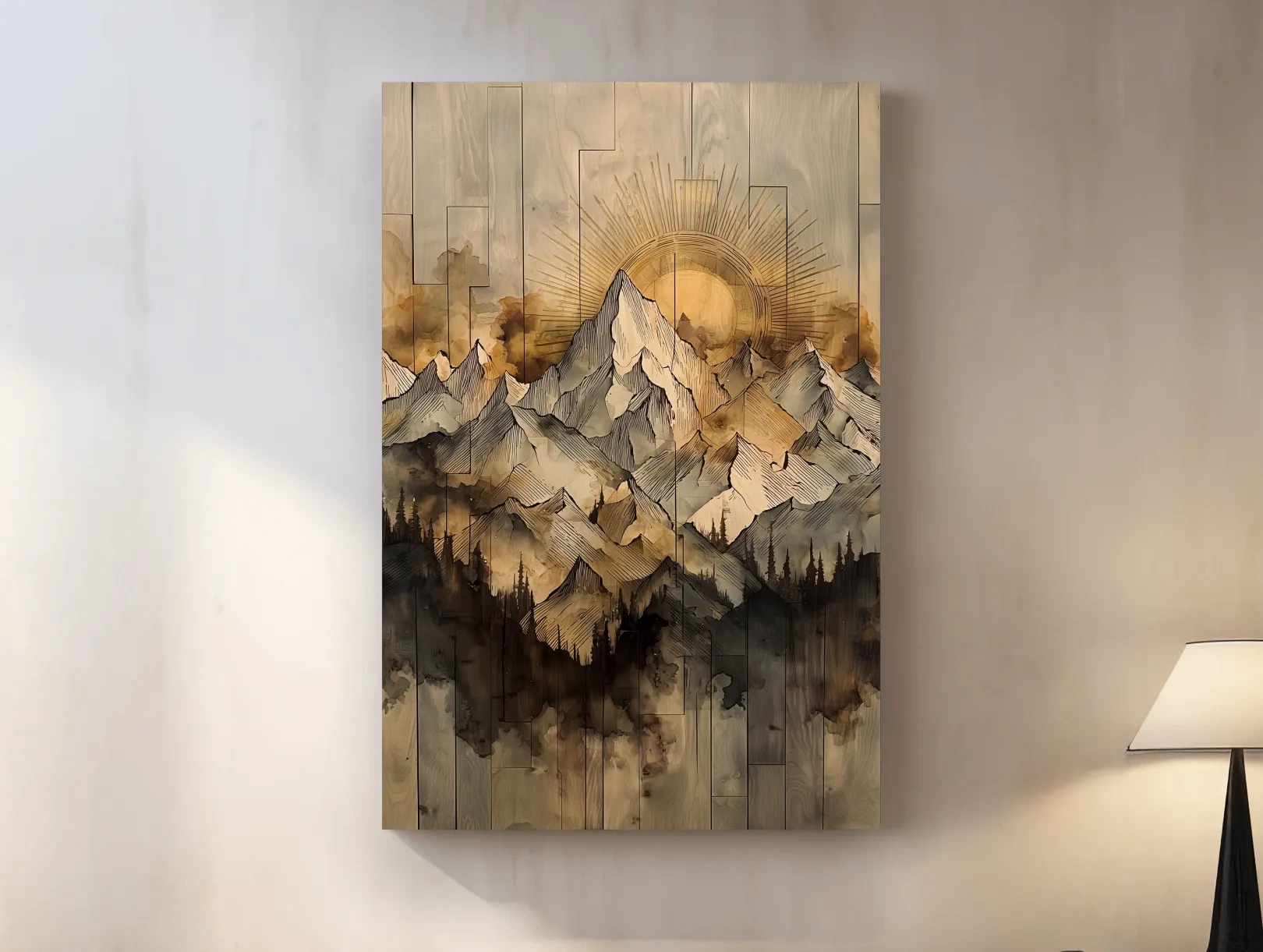 Sunrise Alpine Mountain Range Illustration - Rustic Watercolor Landscape Wall Art