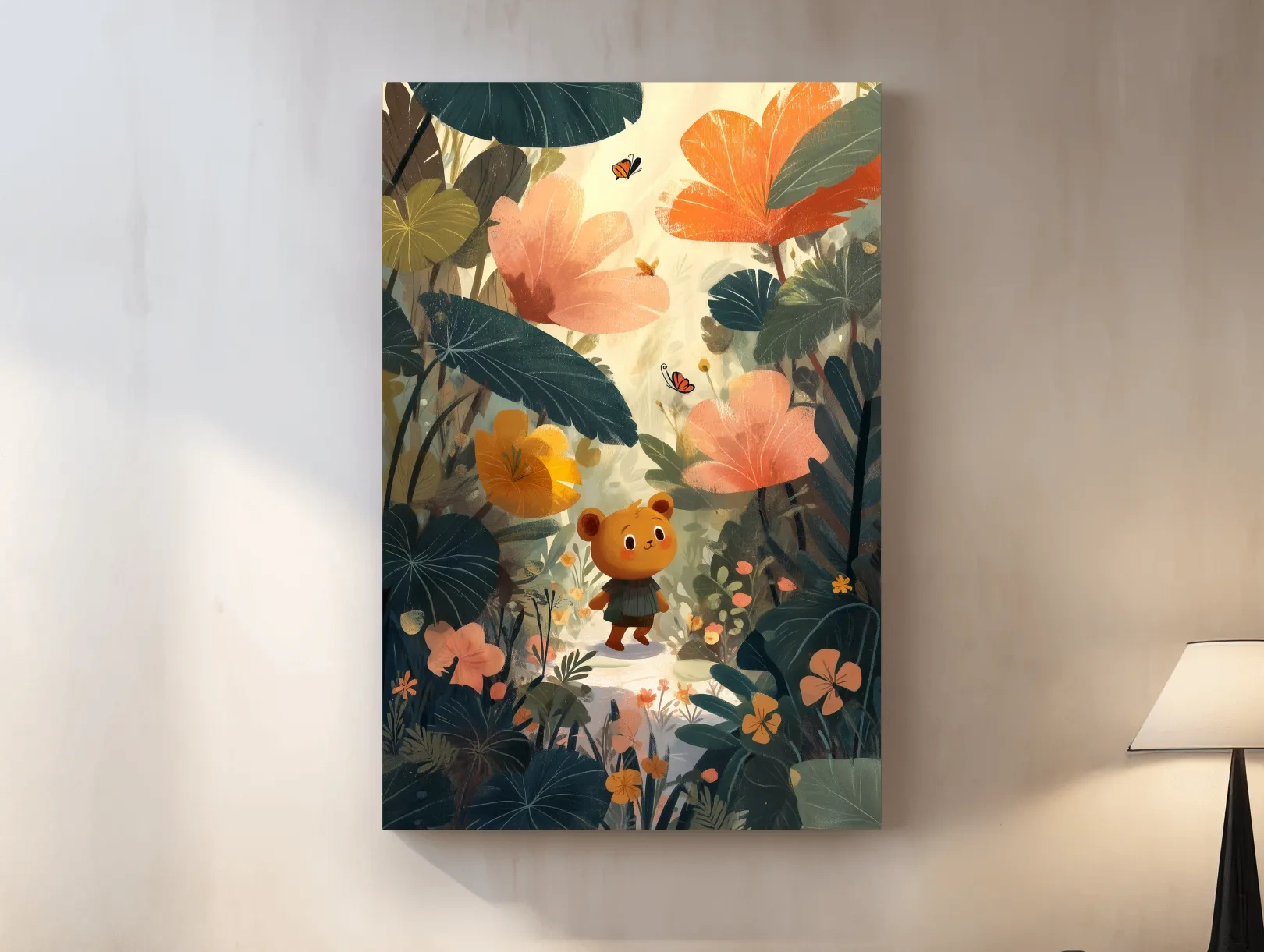 Cute bear in lush forest, whimsical children's wall art