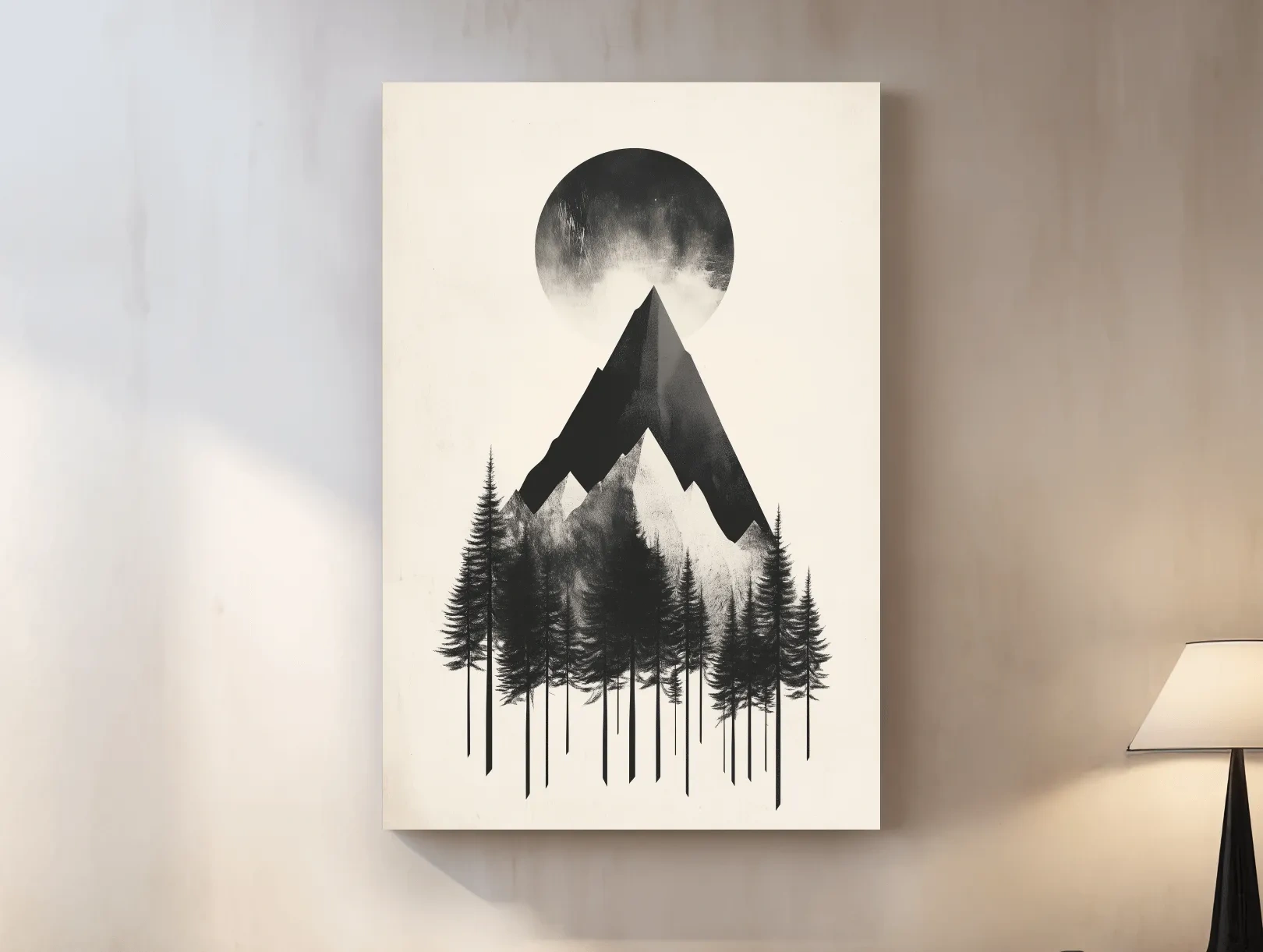 Minimalist Monochrome Mountain Peak & Pine Forest - Modern Scandinavian Style Wall Art
