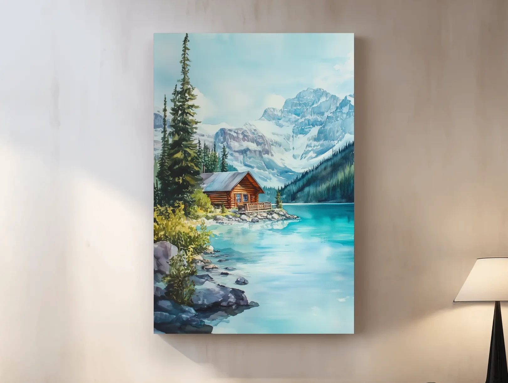 Turquoise Alpine Lake Cabin Watercolor - Serene Snowy Mountain Wall Art