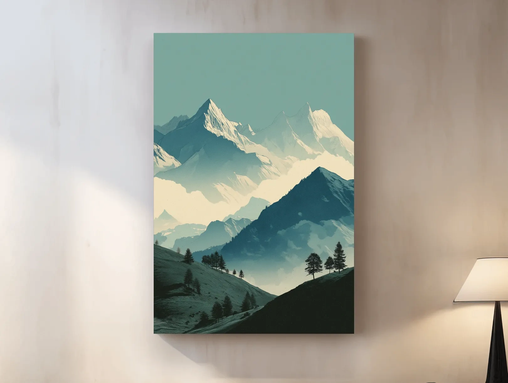 Misty Alpine Mountain Peaks Illustration - Serene Landscape Wall Art