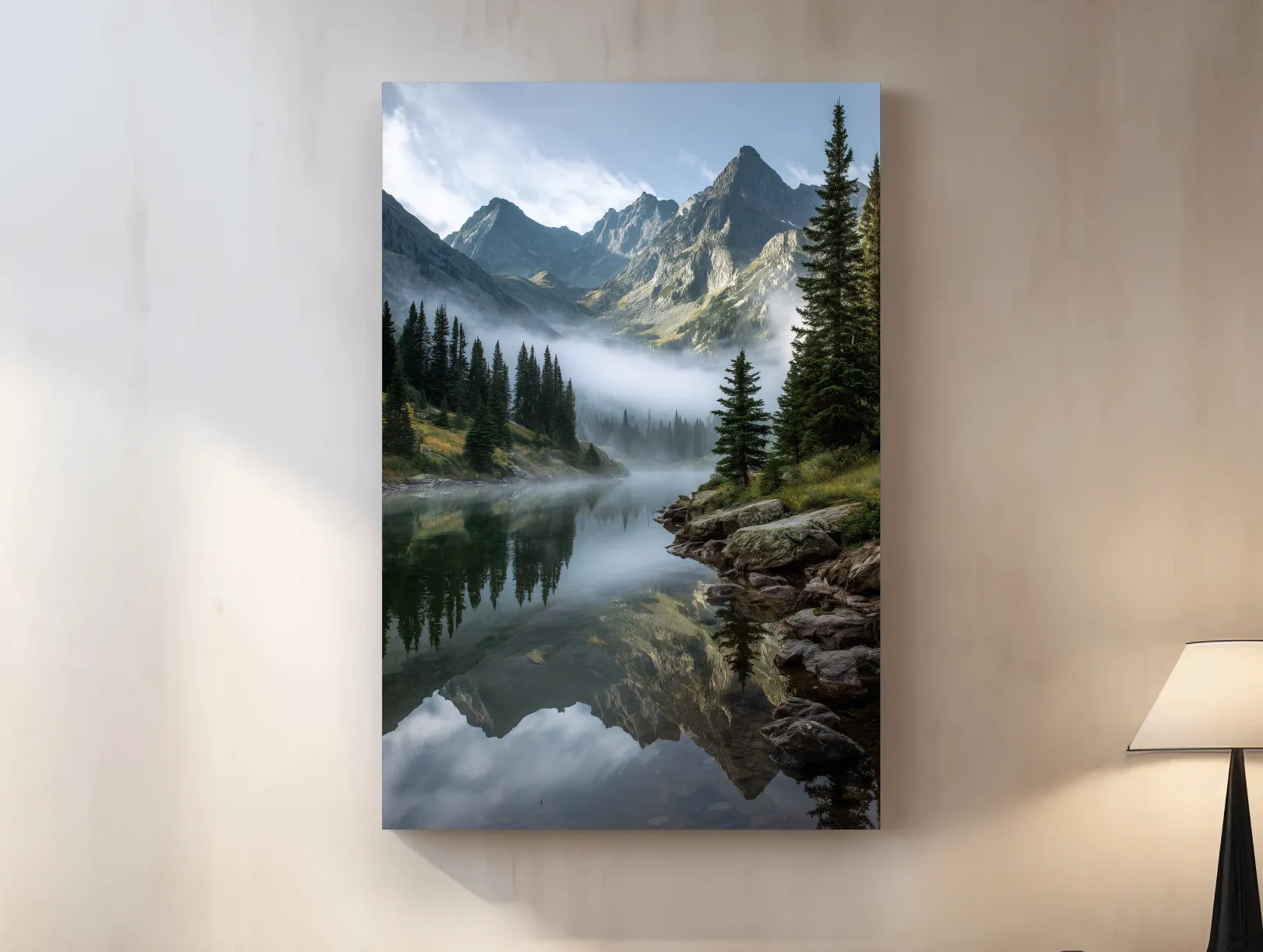 Misty Alpine Lake Photography - Serene Mountain Forest Wall Art