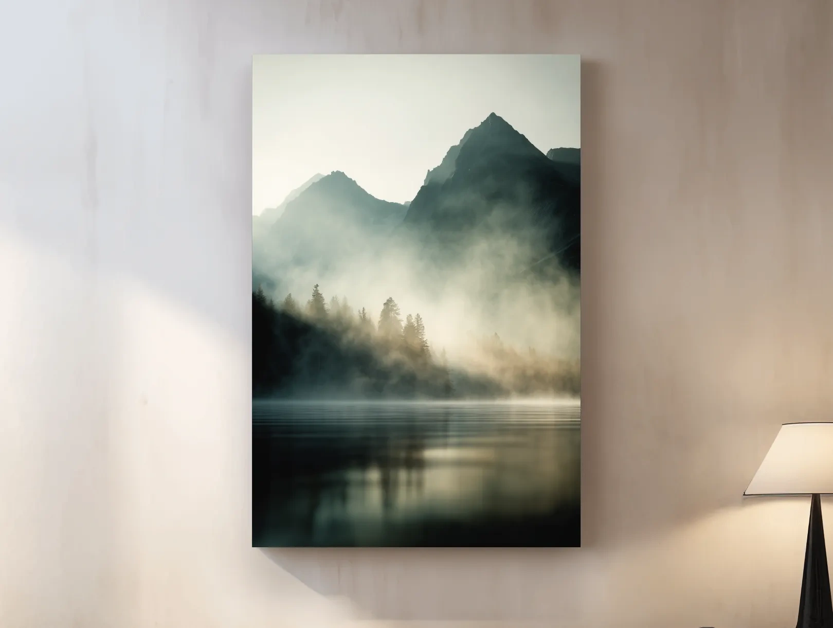 Moody Misty Mountain Lake Landscape - Serene Foggy Pine Forest Wall Art