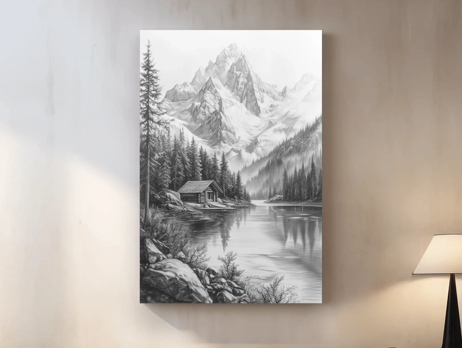 Monochrome Alpine Lake Cabin Sketch Art - Mountain Drawing Wall Art