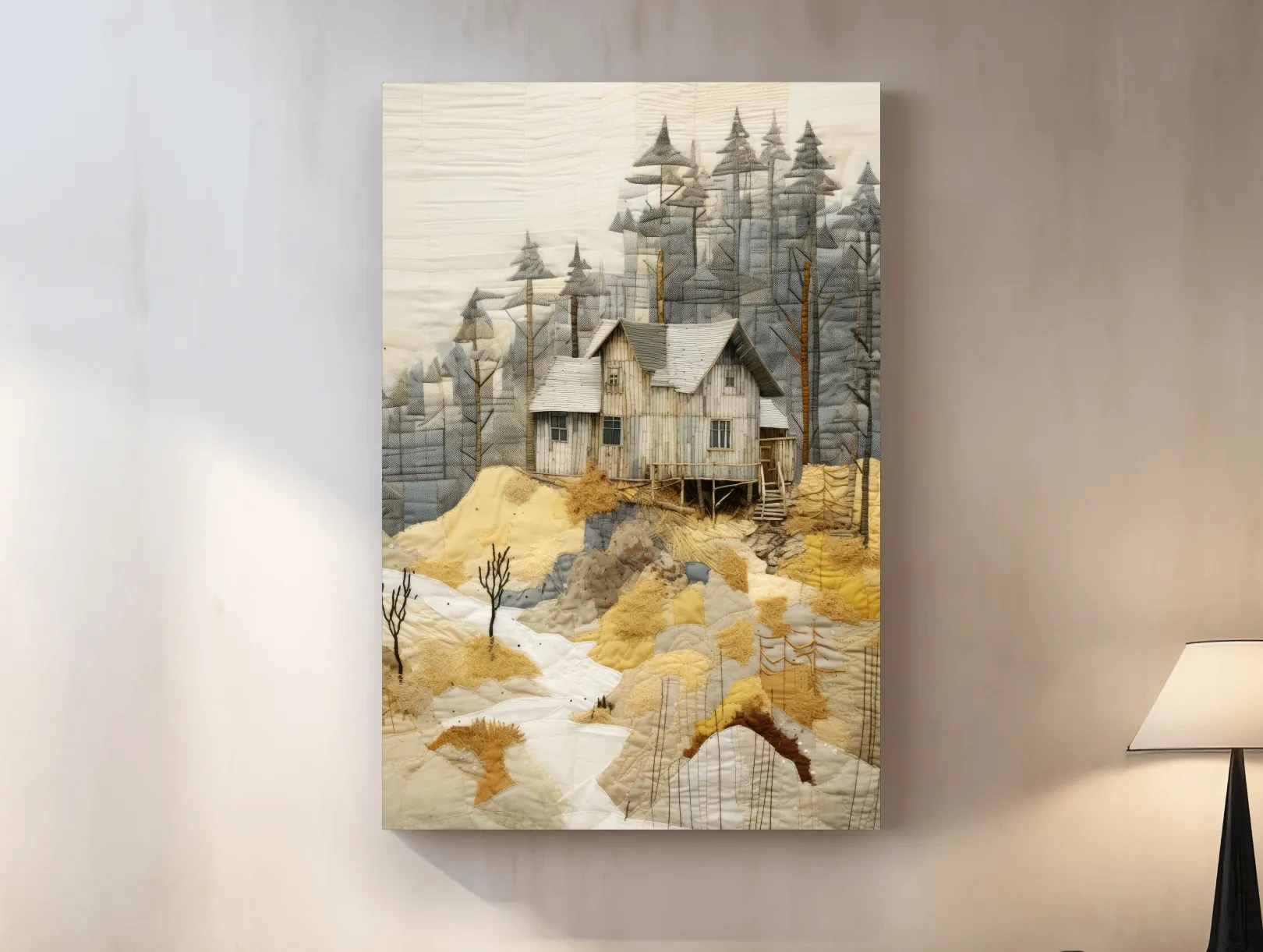 Rustic Woodland Cabin Landscape Quilt Art - Patchwork Style Mixed Media Wall Art