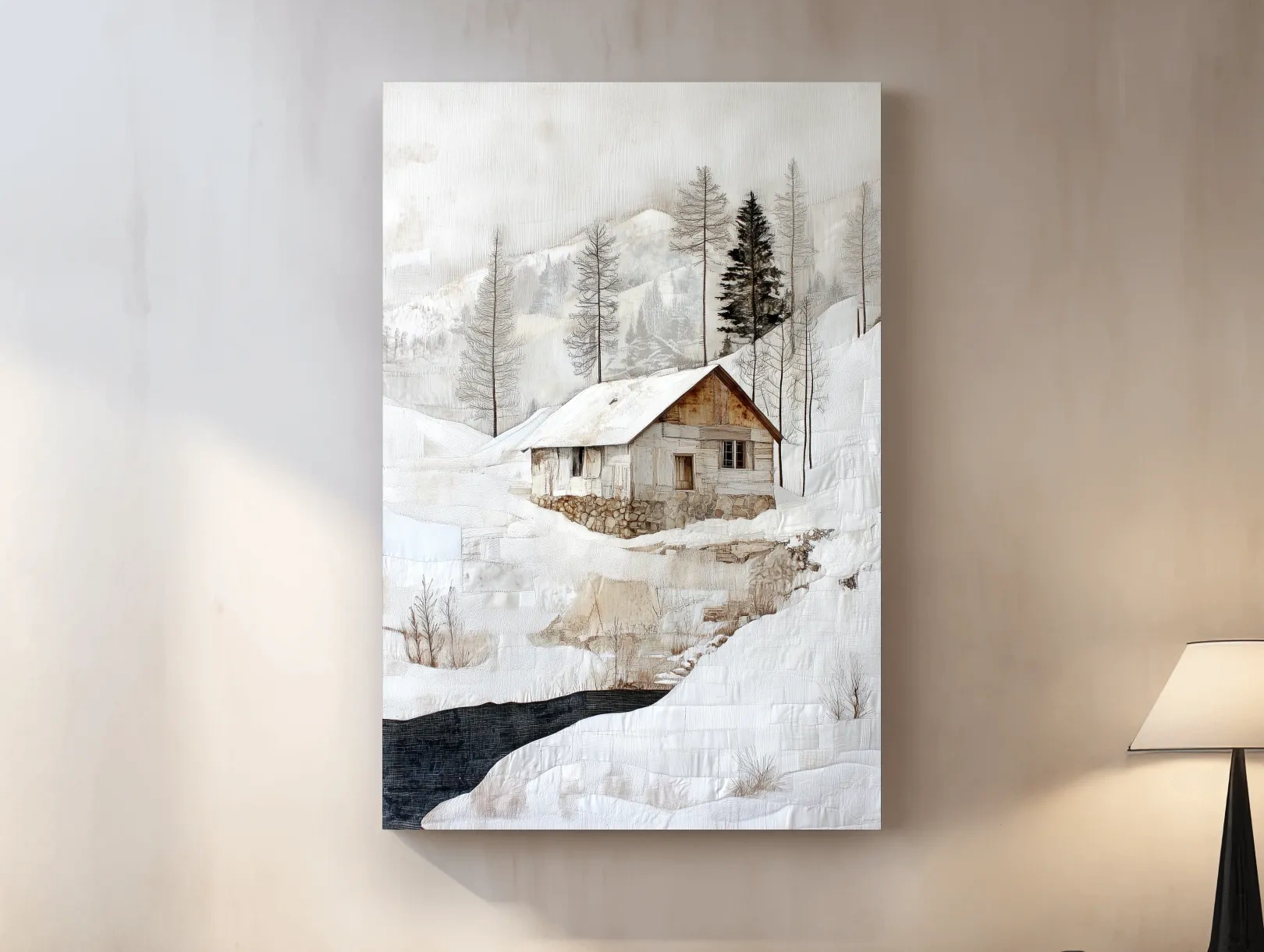 Snowy Mountain Cabin Painting - Winter Landscape Wall Art