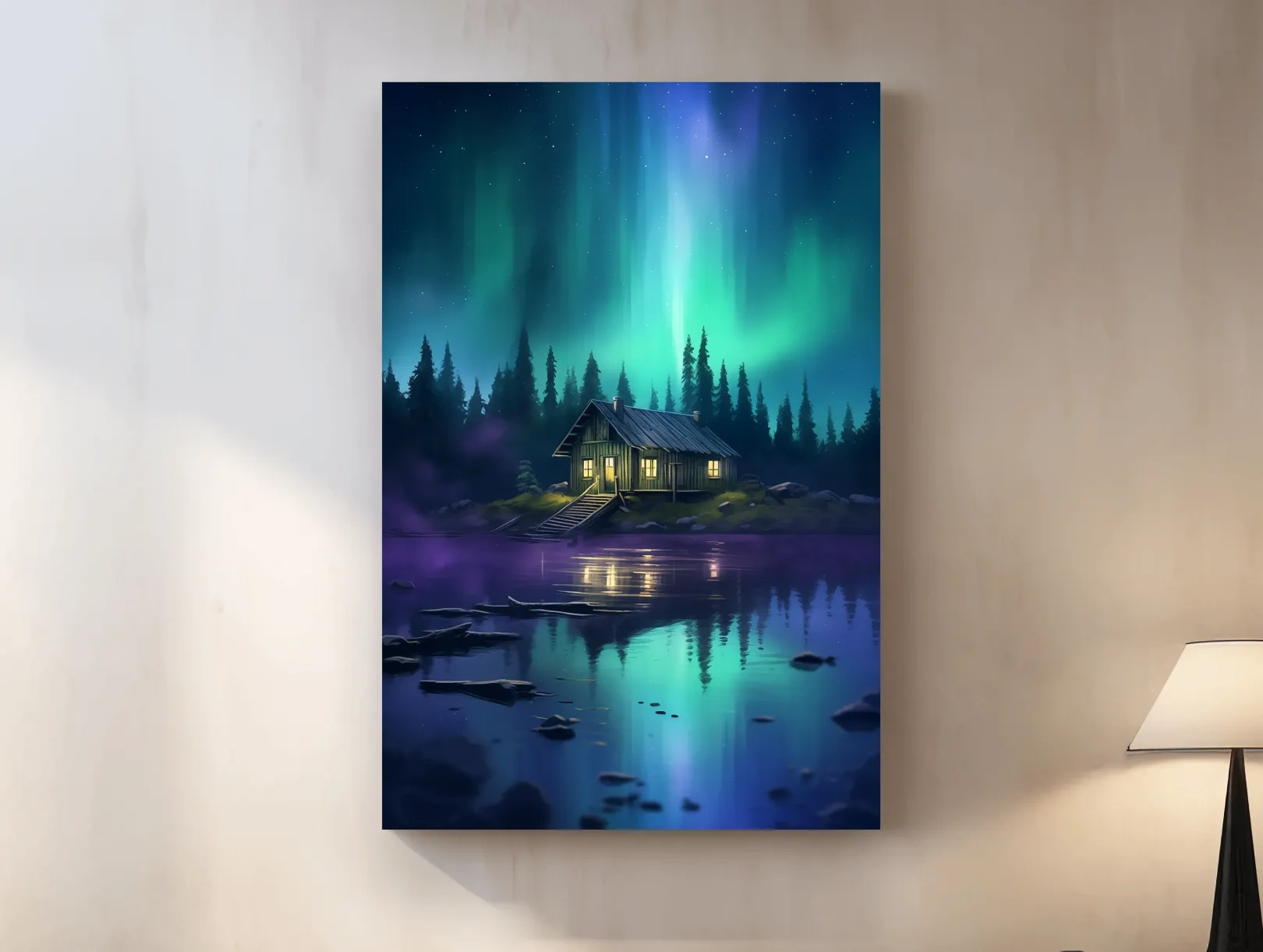 Vibrant Northern Lights Cabin Lake Painting - Aurora Borealis Night Wall Art