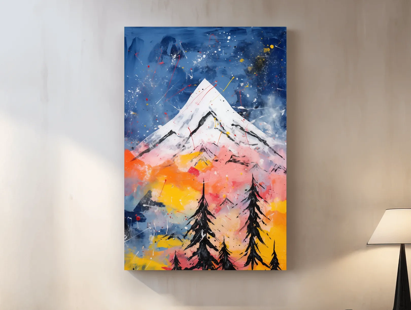 Vibrant Abstract Mountain Peak Sunset Painting - Colorful Acrylic Splash Forest Wall Art