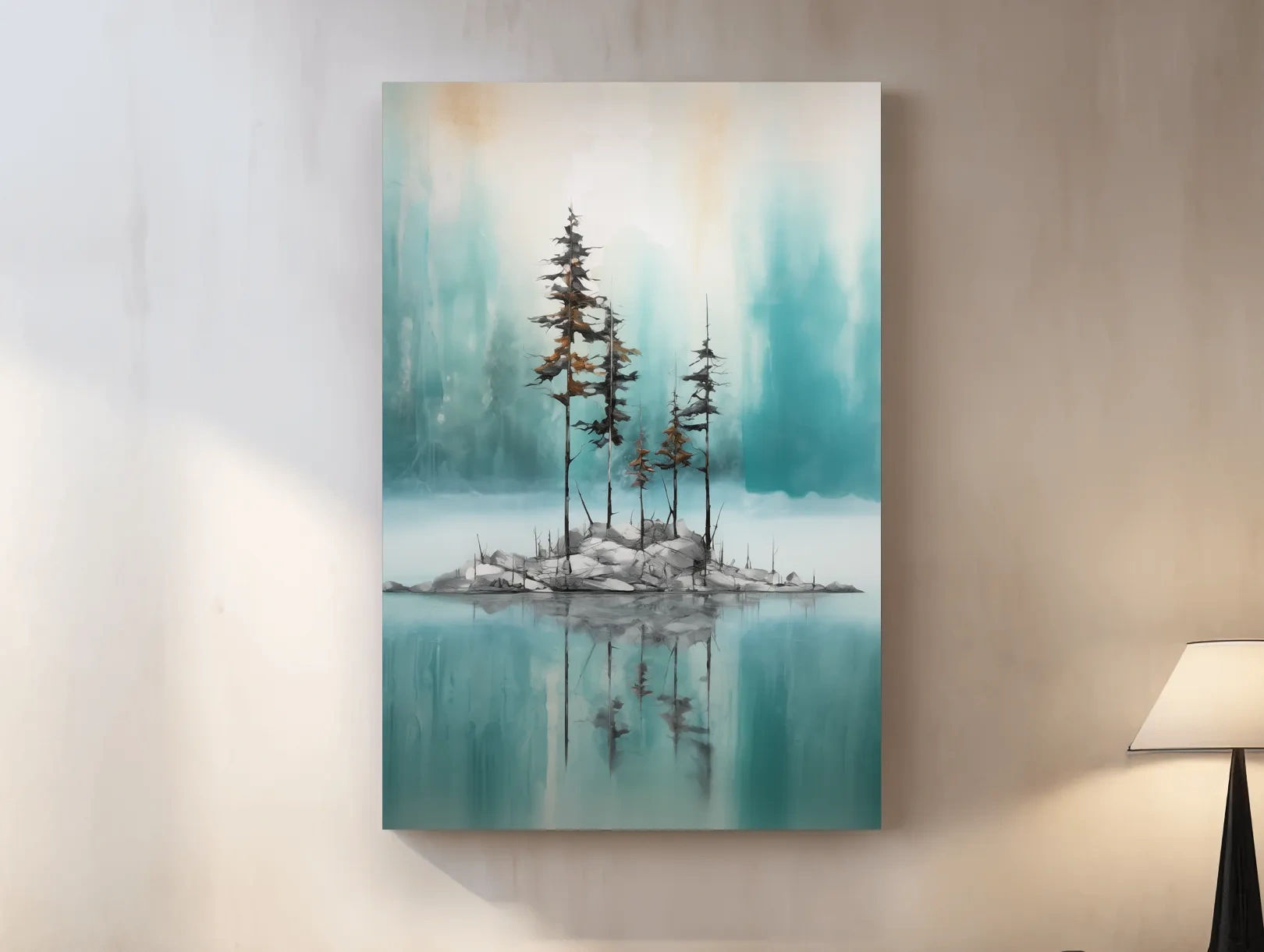Misty Pine Trees Reflection - Watercolor Turquoise Alpine Lake Wall Art
