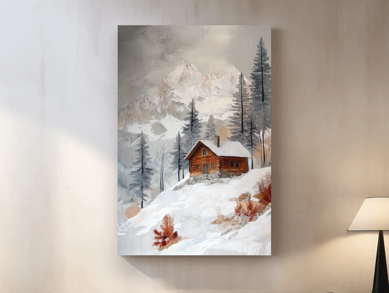 Snowy Mountain Cabin Landscape Painting - Rustic Winter Wilderness Wall Art