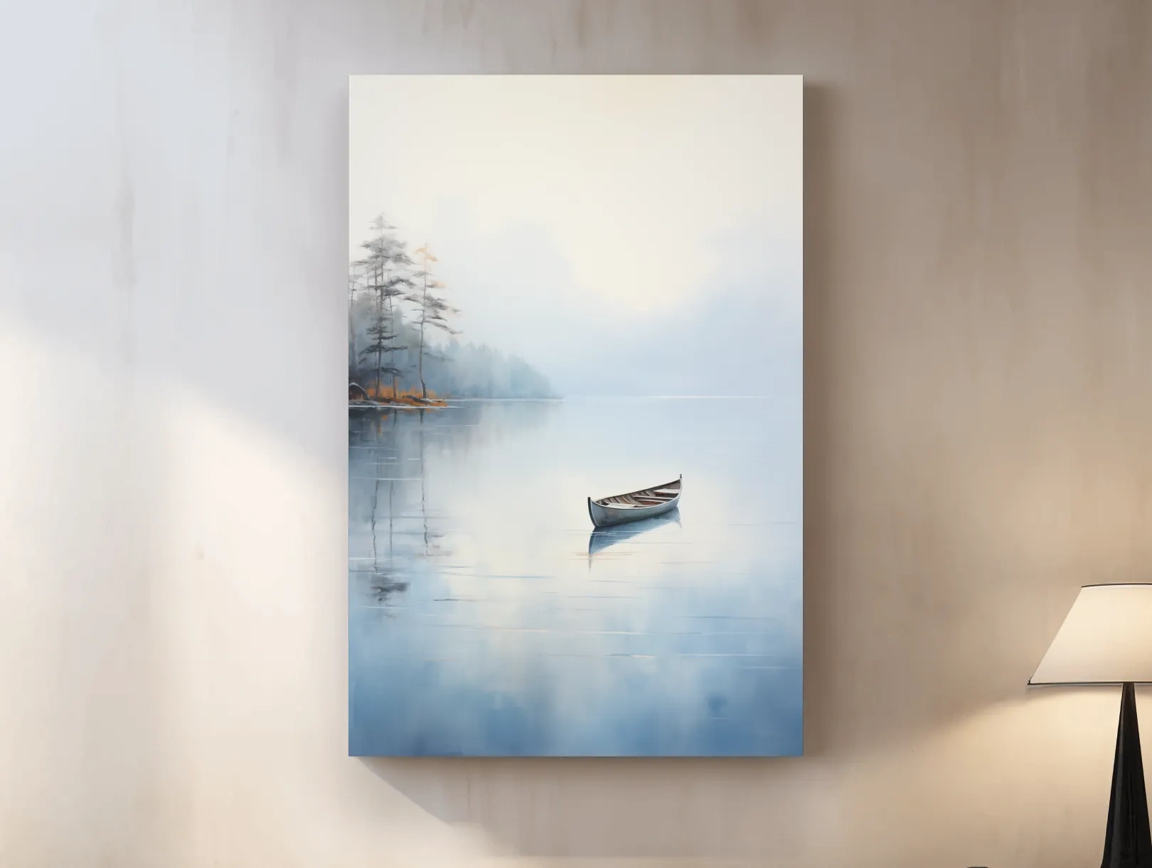 Misty Lake Canoe Reflection Painting - Serene Minimalist Waterscape Wall Art