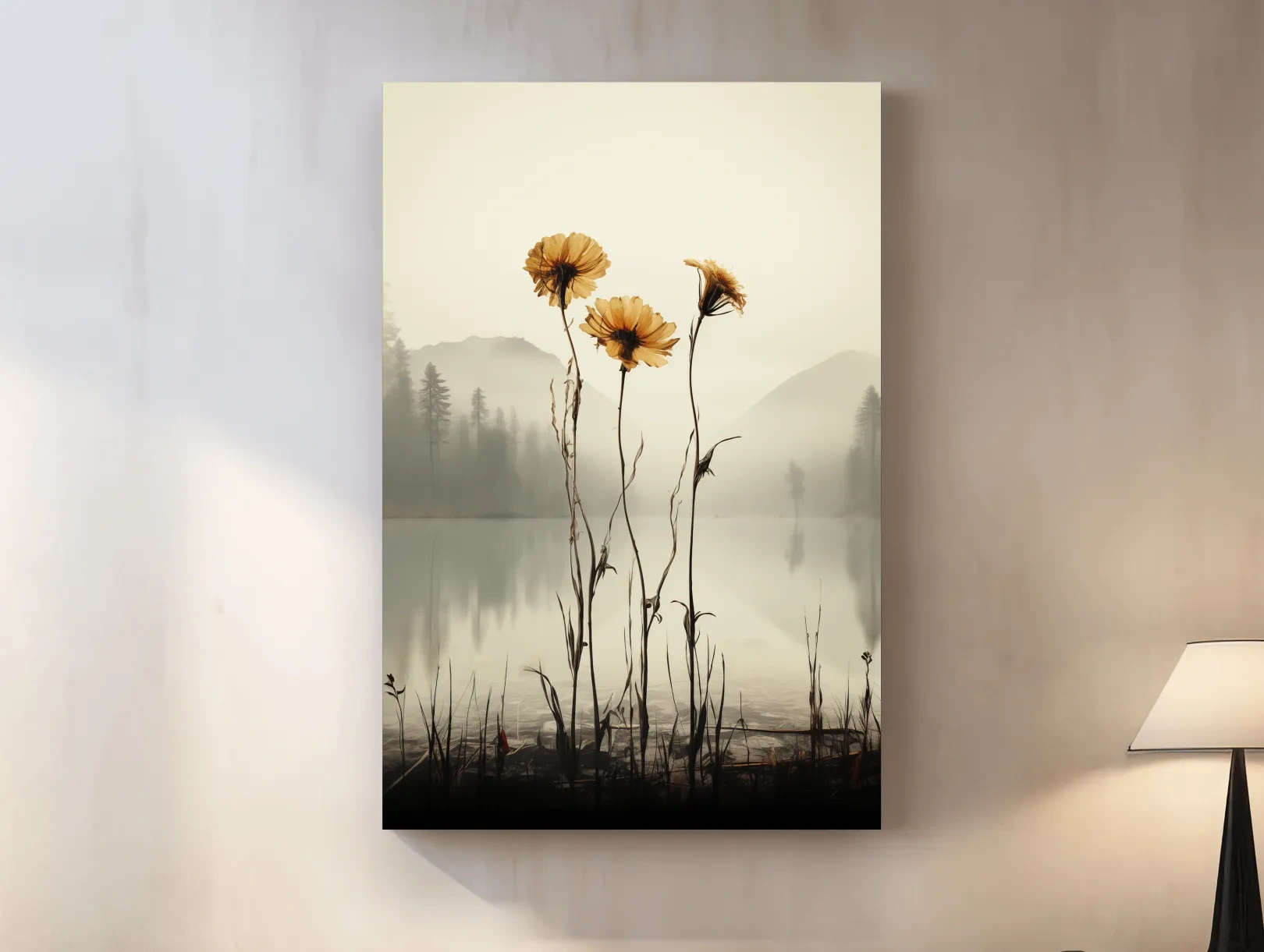 Wildflower Misty Lake Landscape - Minimalist Botanical Wall Art