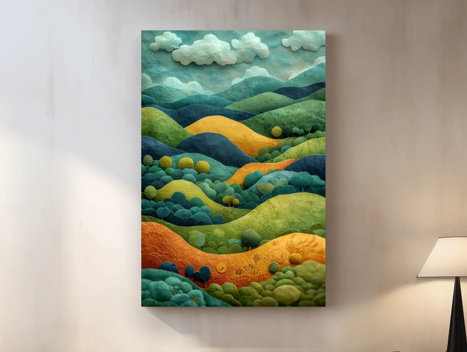 3D Layered Paper Cut Style Mountain Artwork - Whimsical Surreal Landscape Wall Art