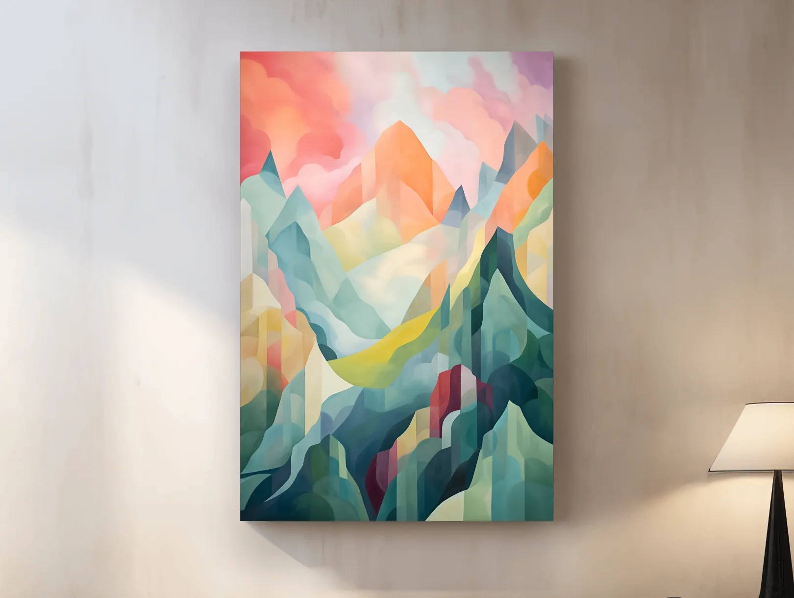 Vibrant Abstract Pastel Mountain Sunset - Geometric Watercolor Style Wall Art