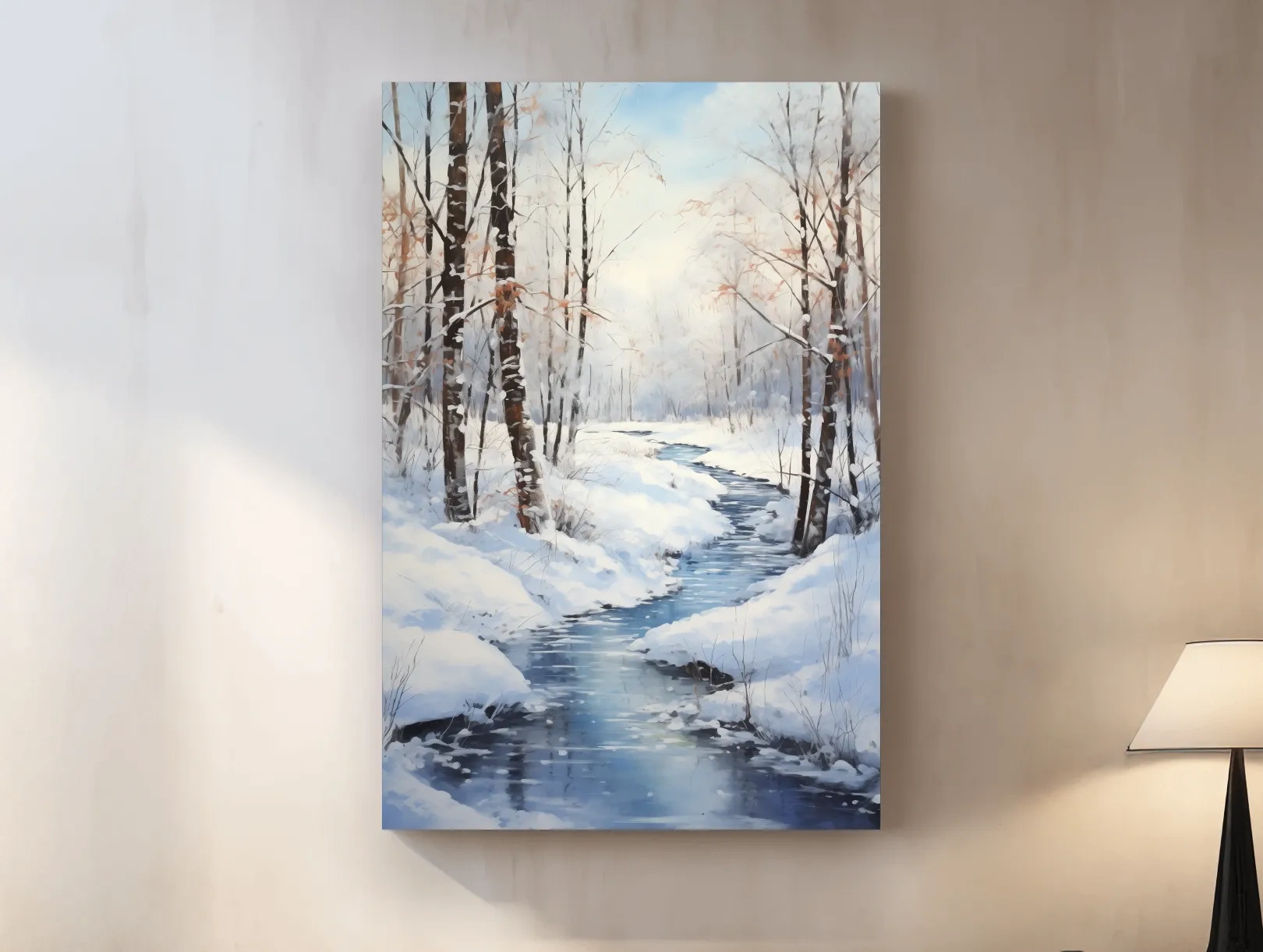 Serene Winter River Forest Painting - Snowy Woodland Wall Art