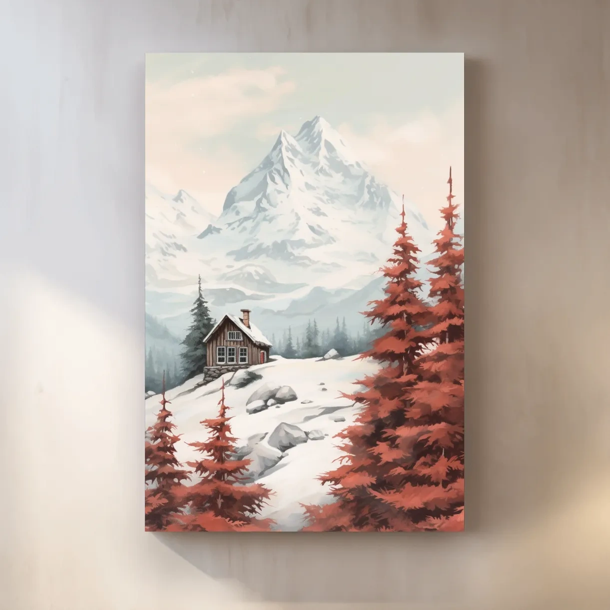 Painting of a snowy alpine scene, red fall leaves, an alpine cabin and glacier