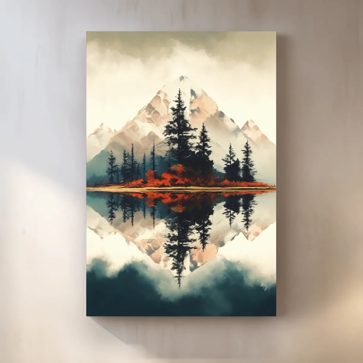 Minimal mountain art, trees by an alpine lake