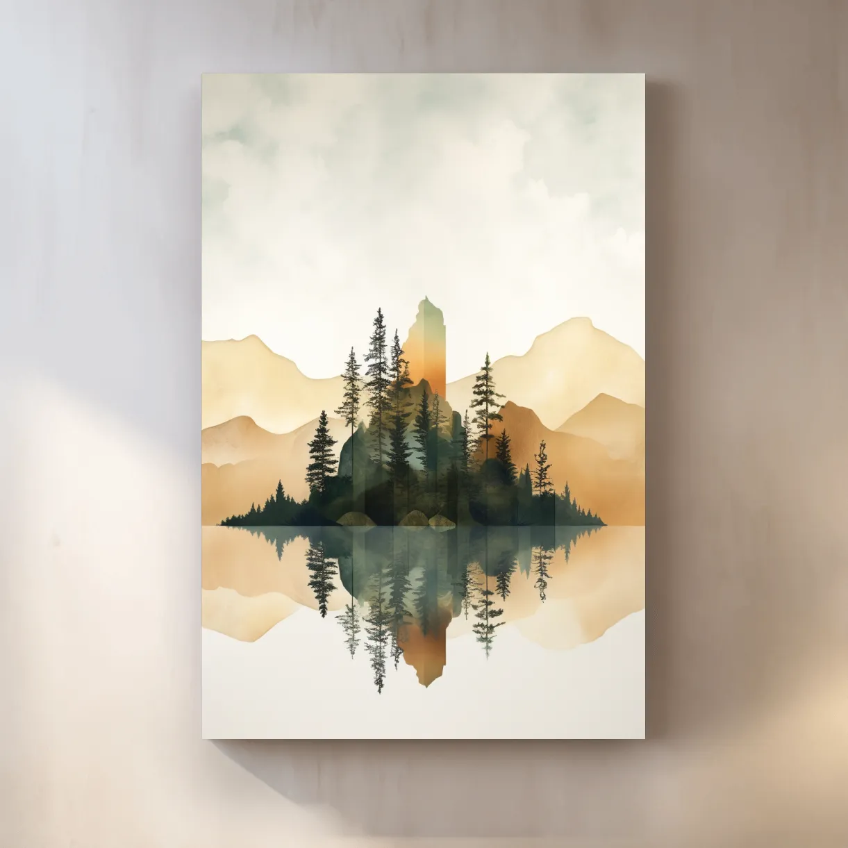 Minimal watercolour painting of alpine trees by a lake