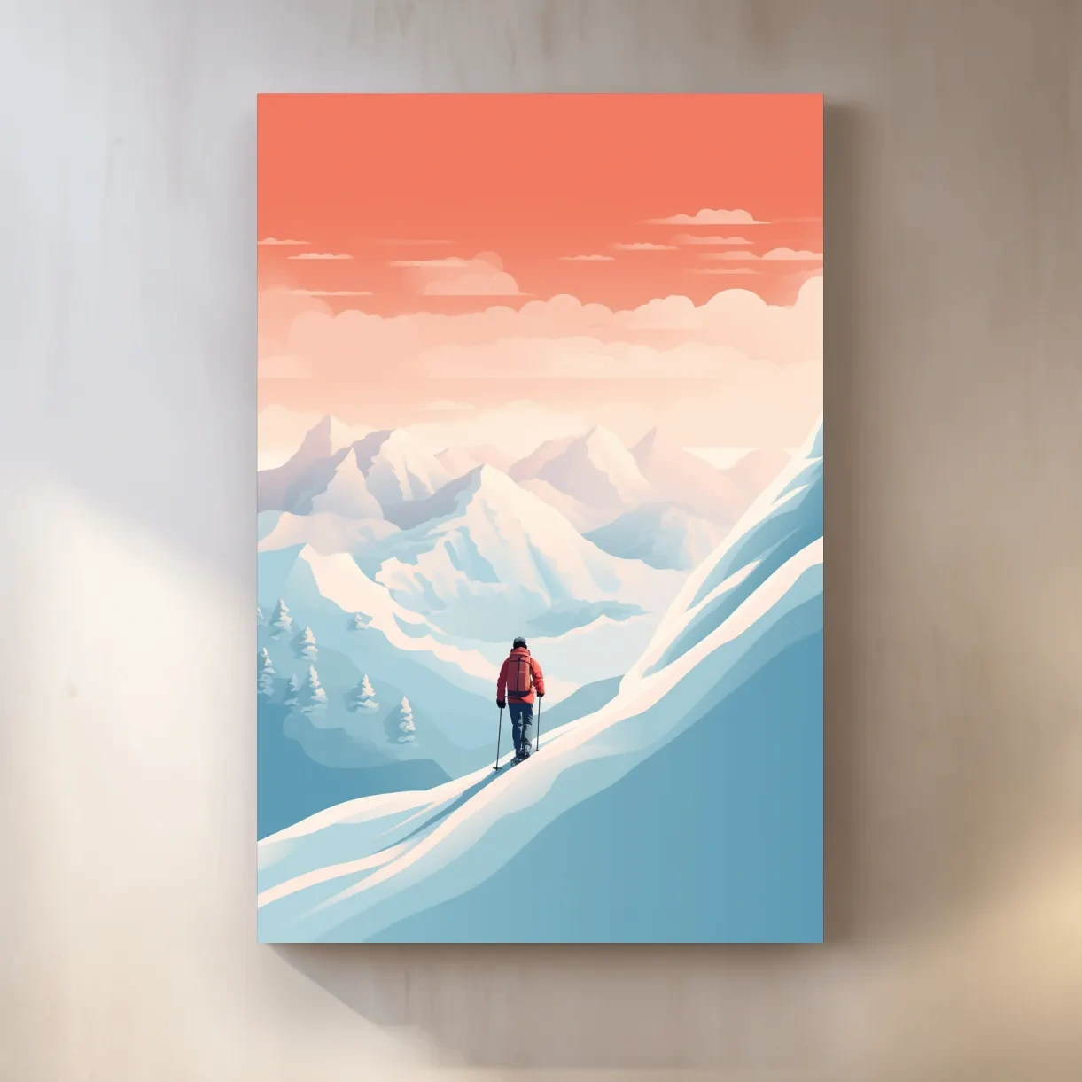 Backcountry skier in the mountains at sunset, minimal vector artwork
