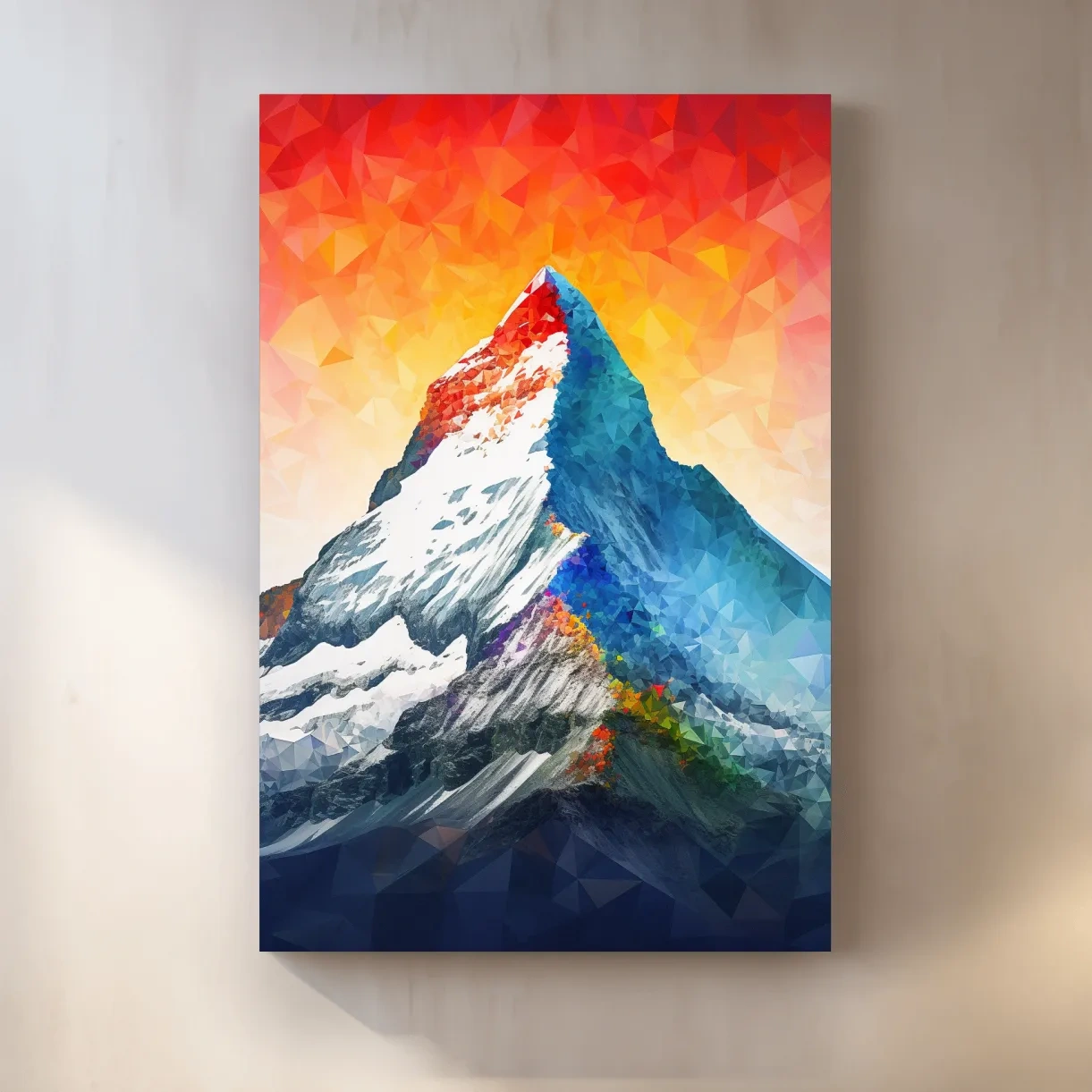 Vibrant abstract mountain painting, sunset over a glacier