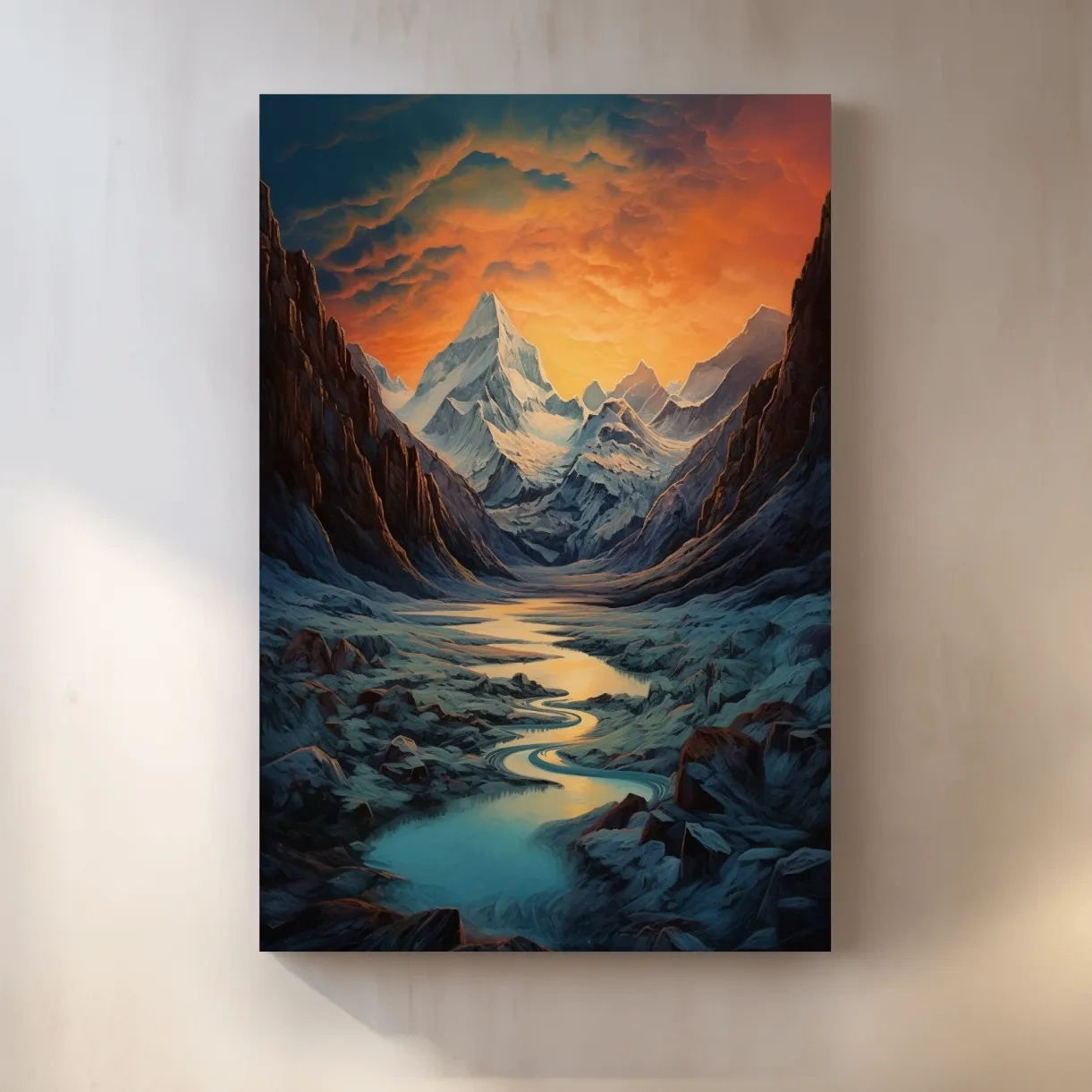 Oil painting of a glacier at sunset