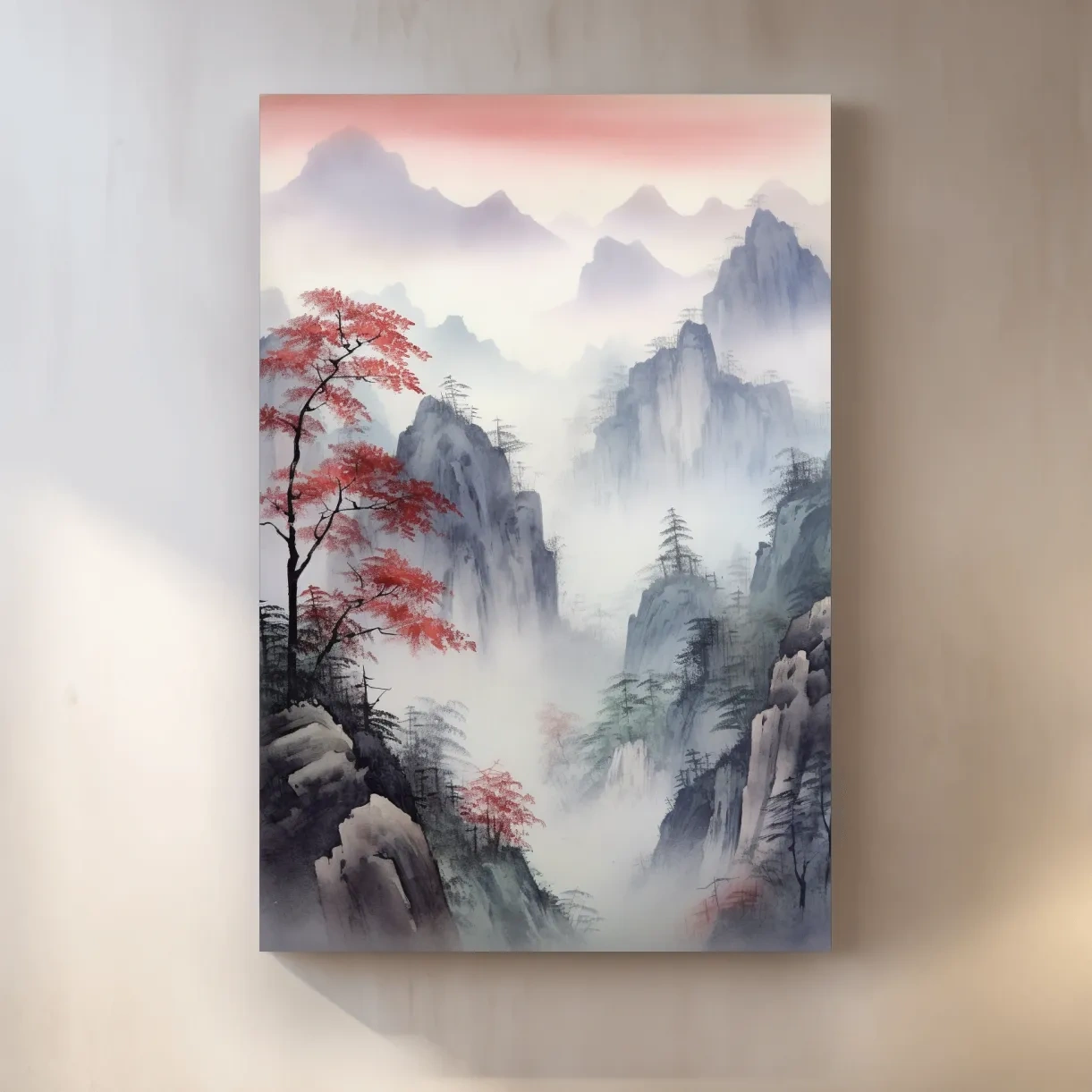 Chinese style ink wash watercolour painting of a foggy mountain scene
