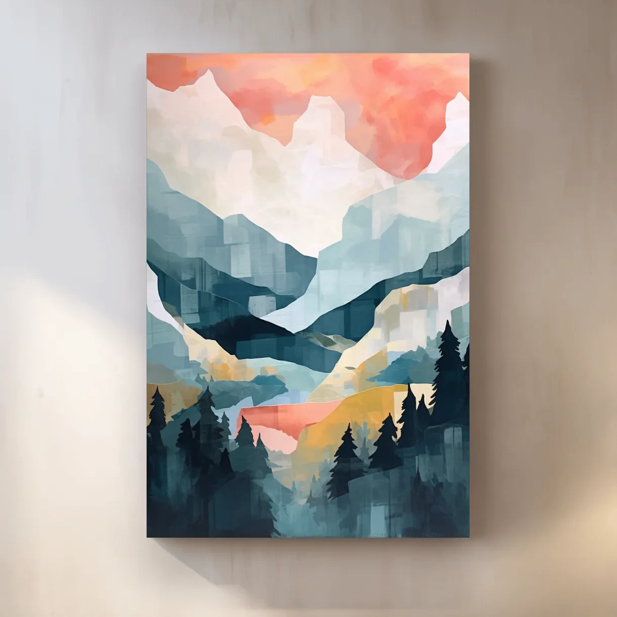 Abstract painting of alpine mountains and trees