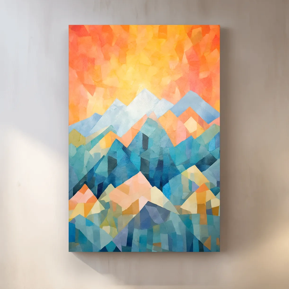 Abstract painting of a mountain scene at sunrise