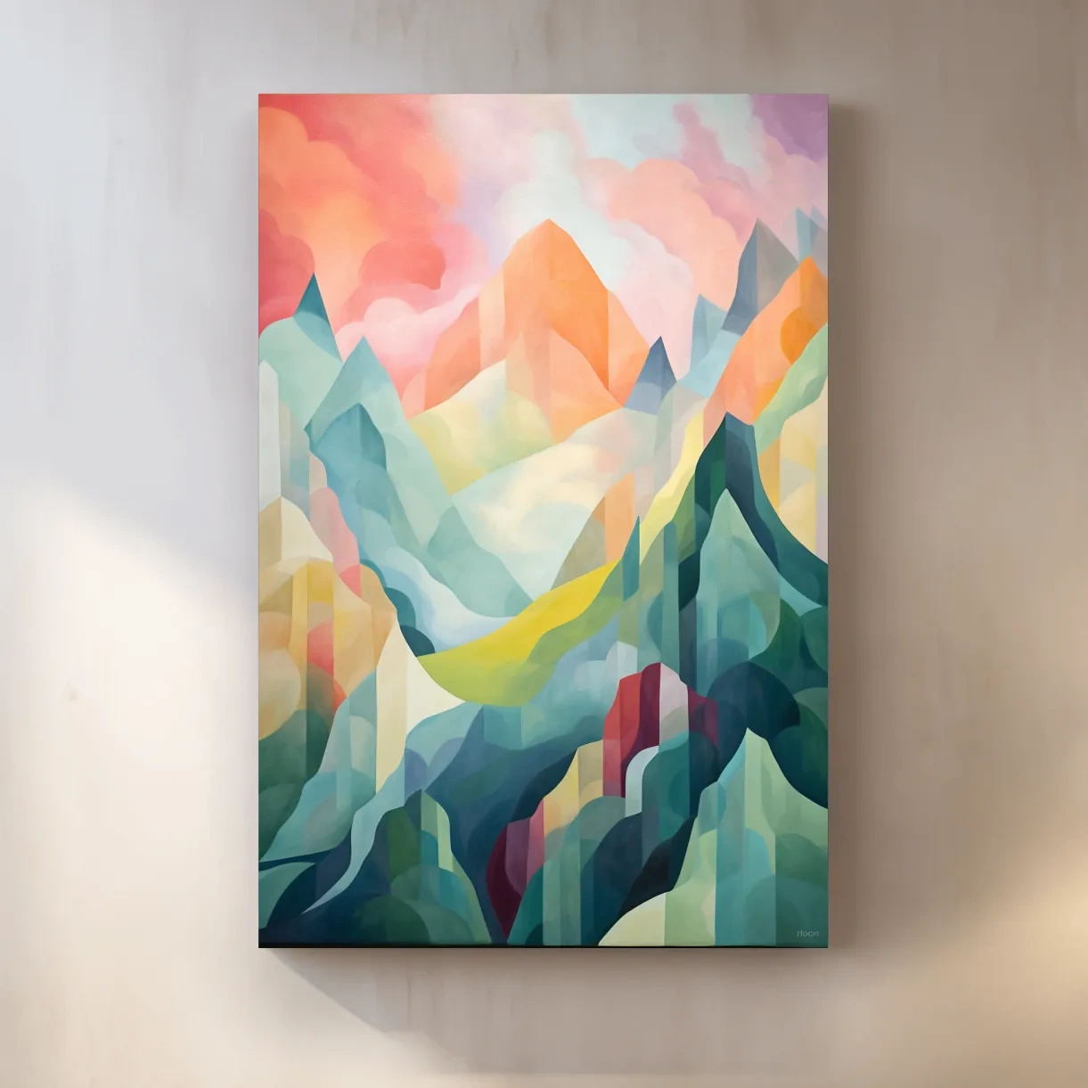 Abstract painting of mountains at sunset