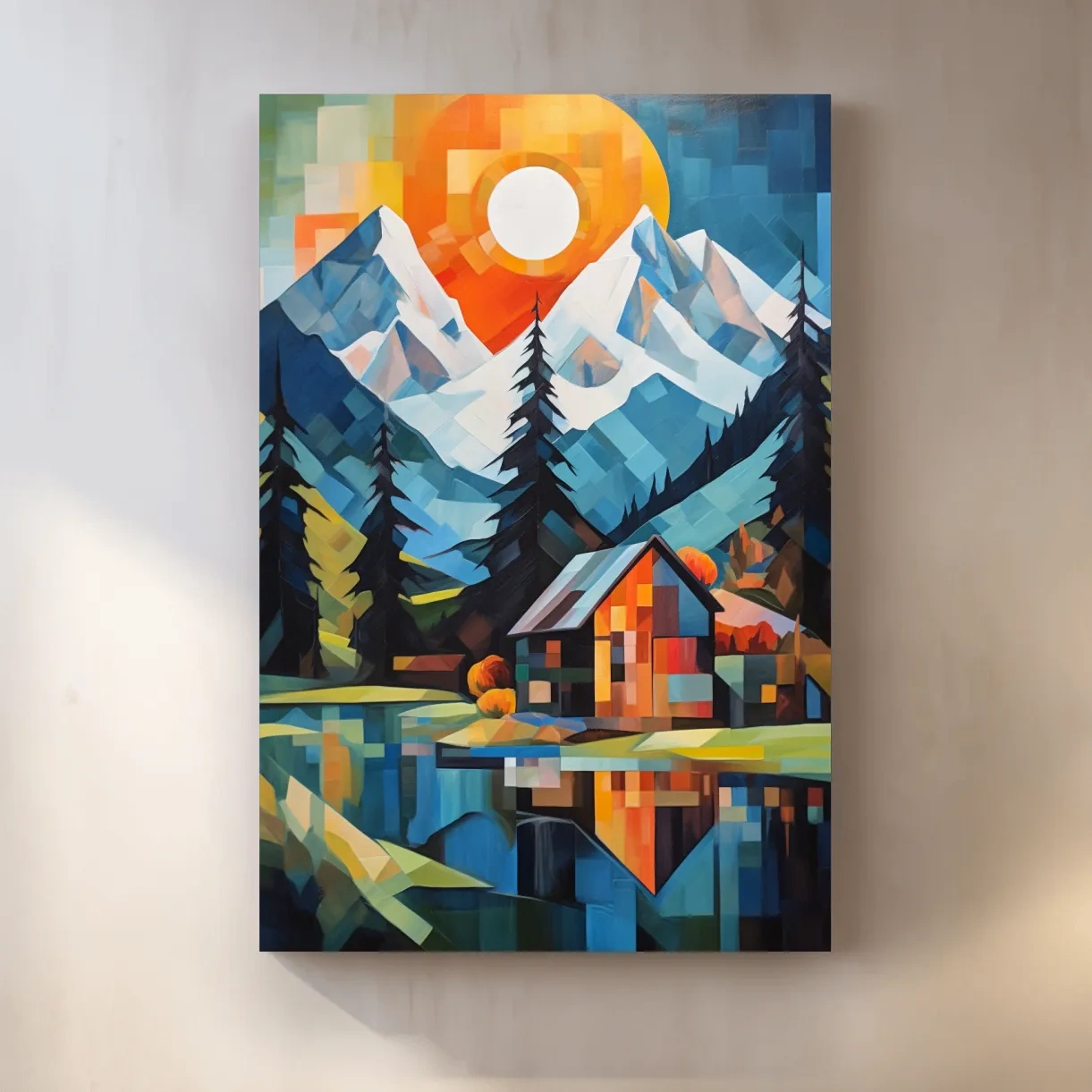 Geometric Alpine Cabin Lake Sunset - Vibrant Impressionist Mountain Wall Art
