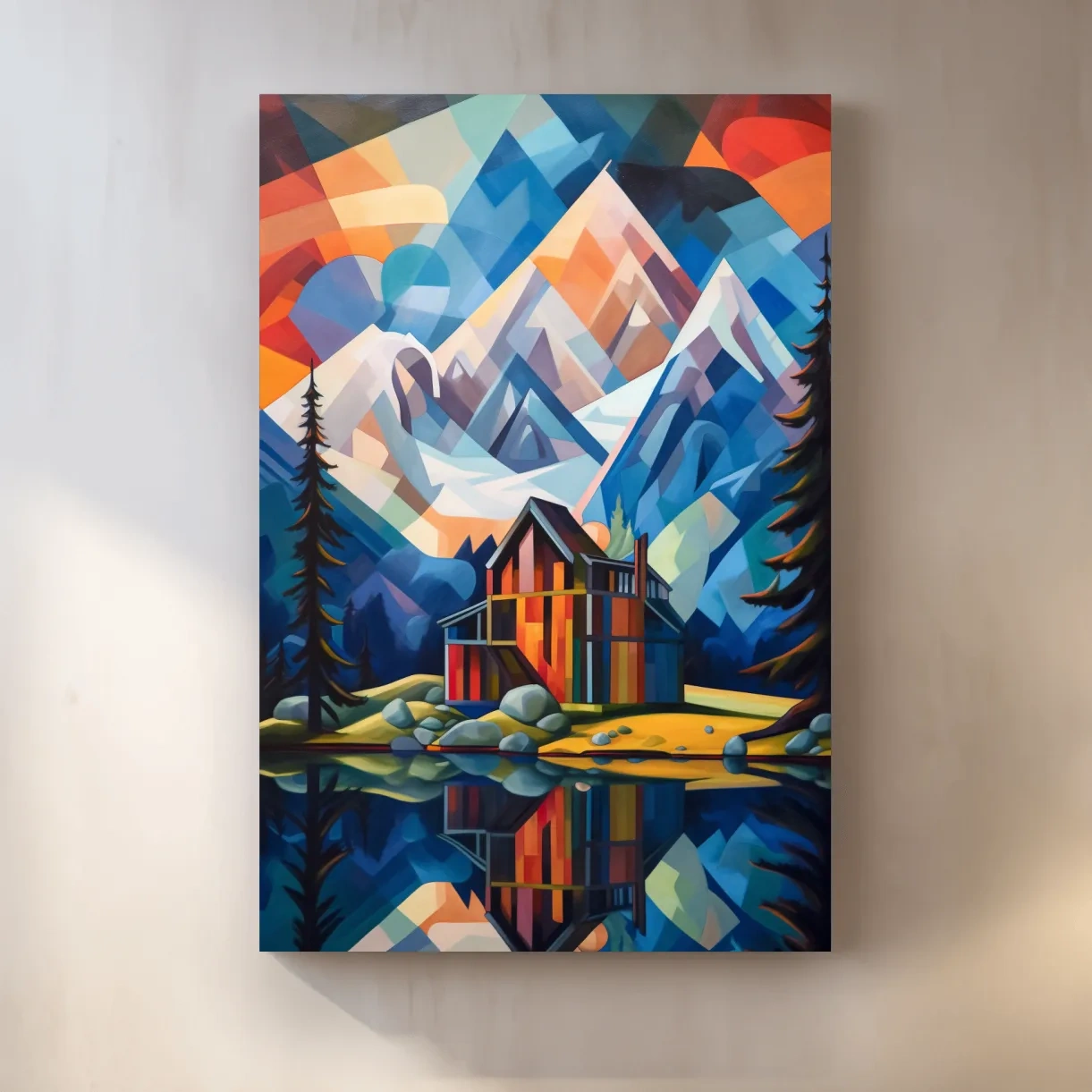 Vibrant Geometric Mountain Lake Cabin Painting - Abstract Alpine Wall Art