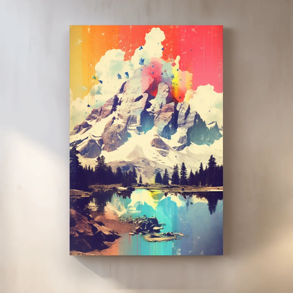 Vibrant Abstract Mountain Lake Painting - Colorful Alpine Landscape Wall Art
