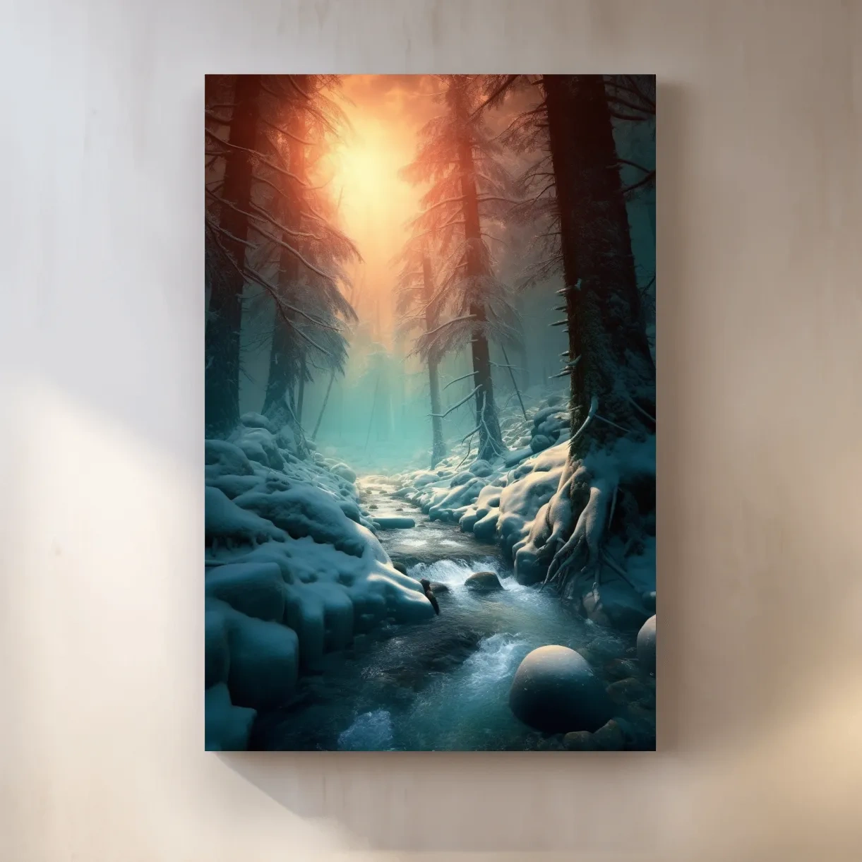 Photographic wall art, a stream running through the snow