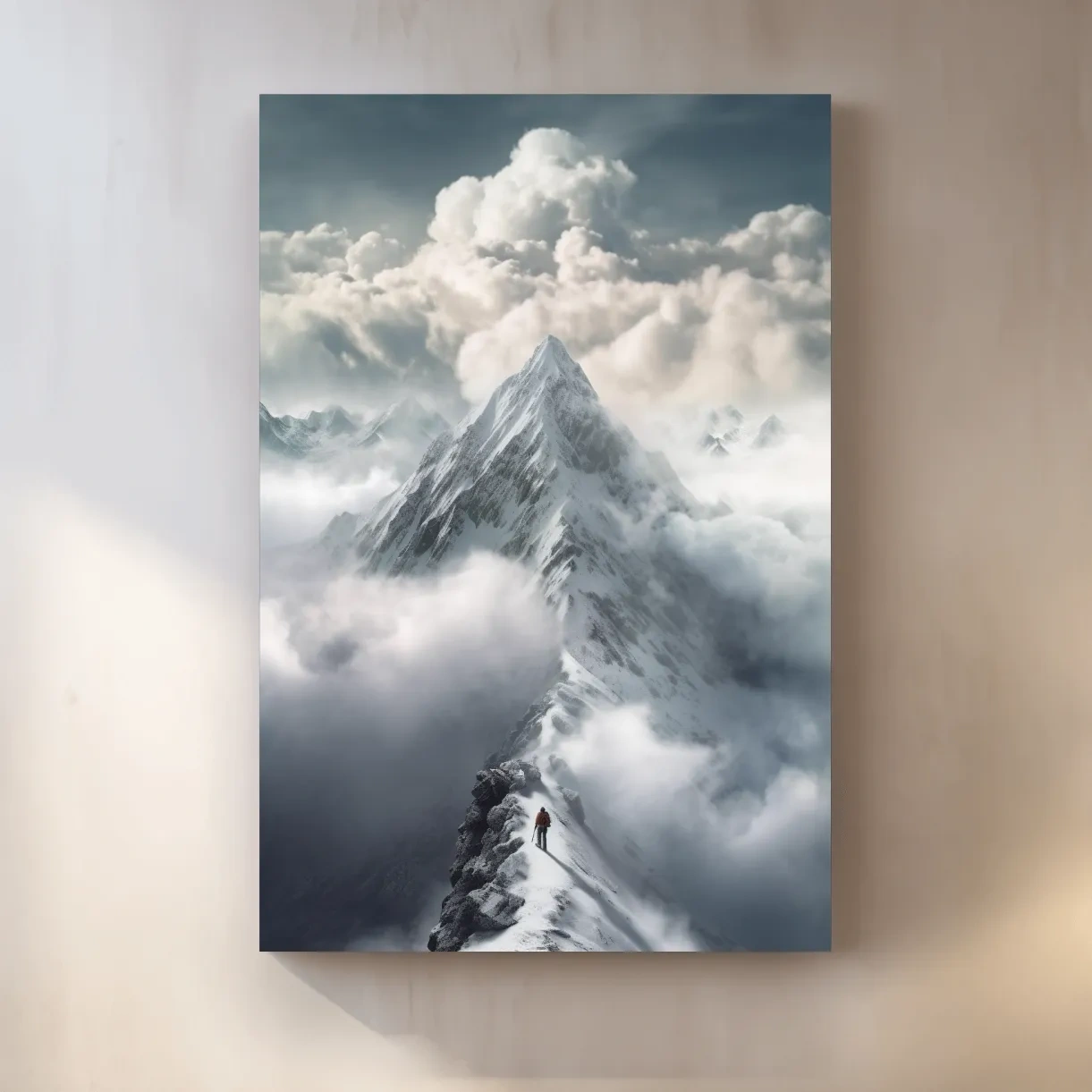 Painting of a person approaching the summit of a snowy mountain