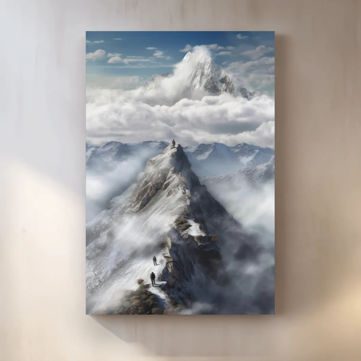 Painting of adventurers hiking up a ridge