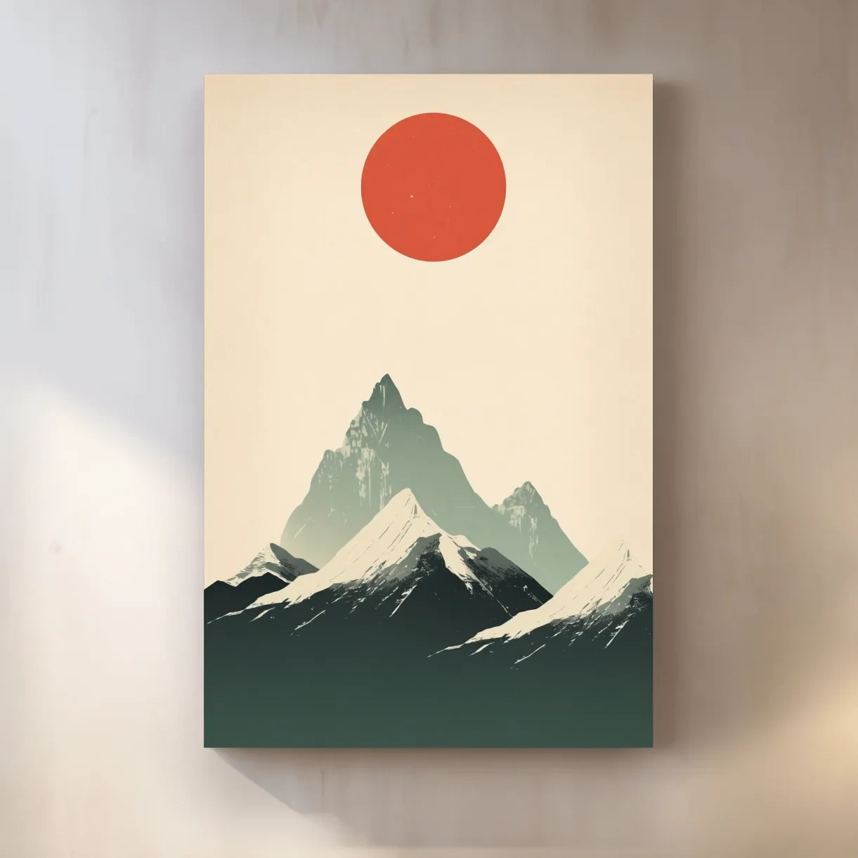 Japandi style minimalistic art of the sun over snow capped mountains