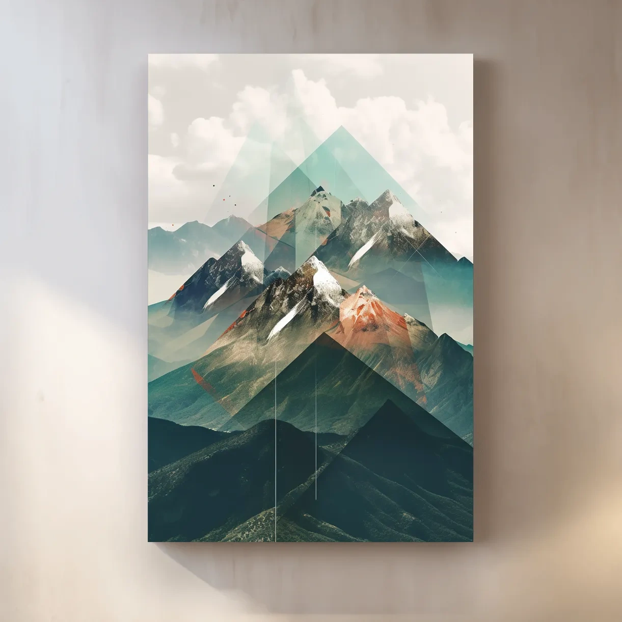 Abstract mountain art, geometric shapes overlaying mountain photography