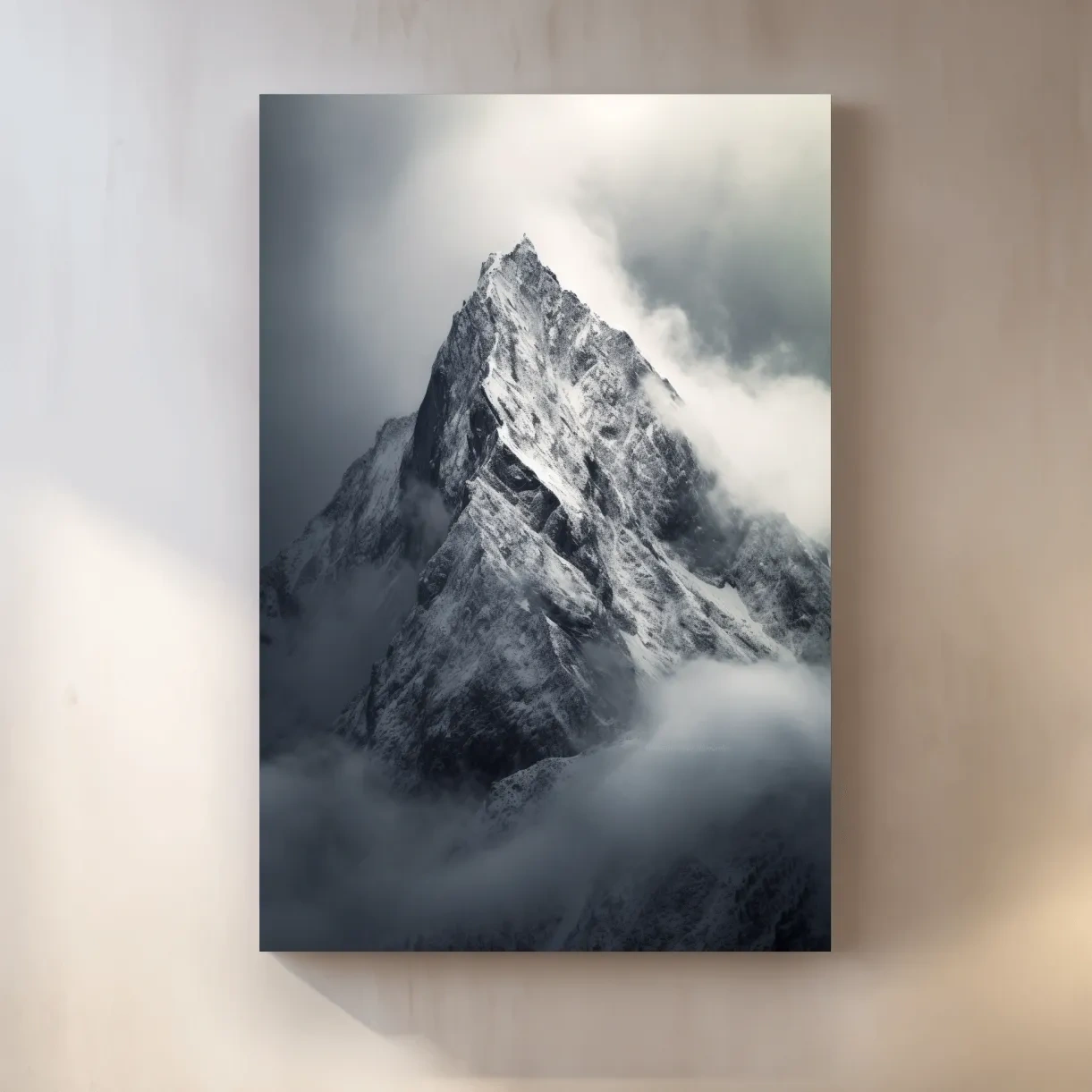 Photographic art, ominous snow capped mountain in the clouds
