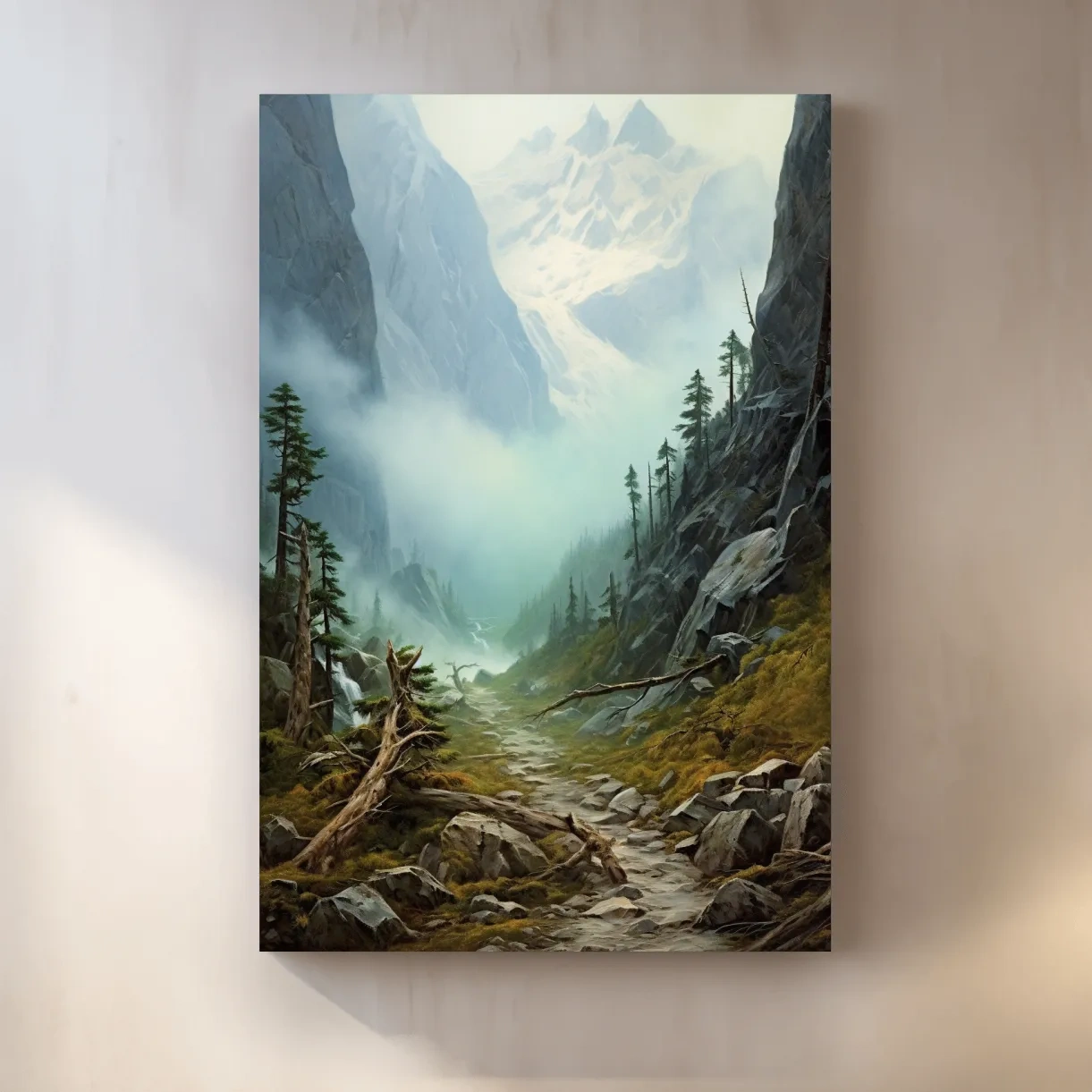 Painting of a foggy alpine scene