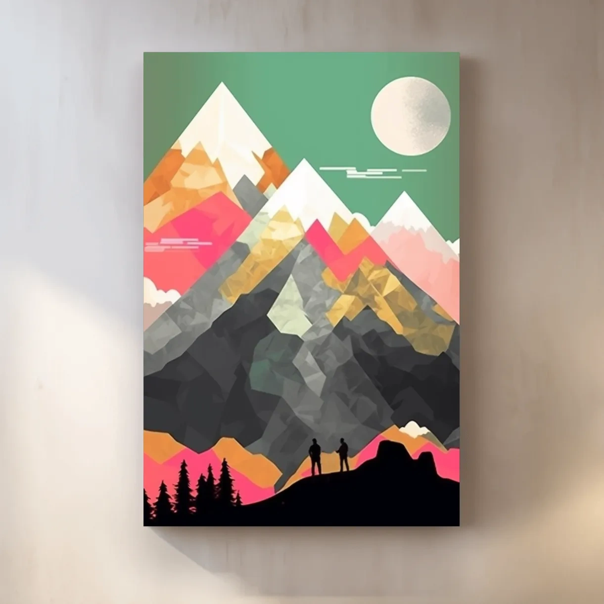 Simple flat colour 2d mountain art, colourful mountain ranges
