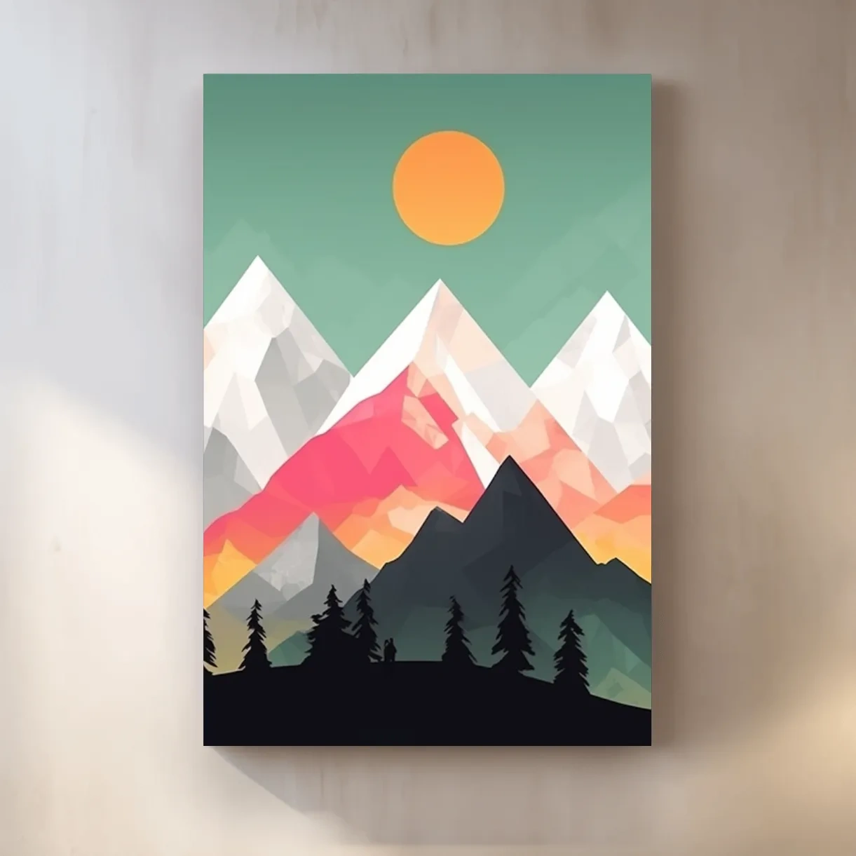 Geometric Sunset Mountain Peaks With Pine Silhouettes - Modern Colourful 2D Wall Art