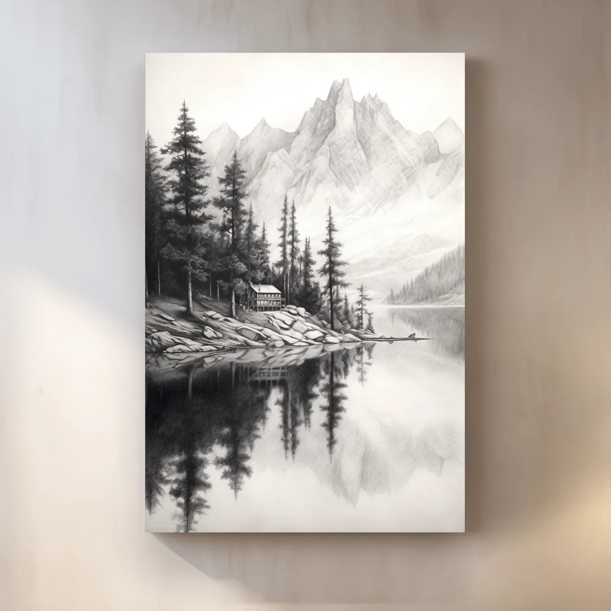 Lead pencil drawing of a cabin by an alpine lake