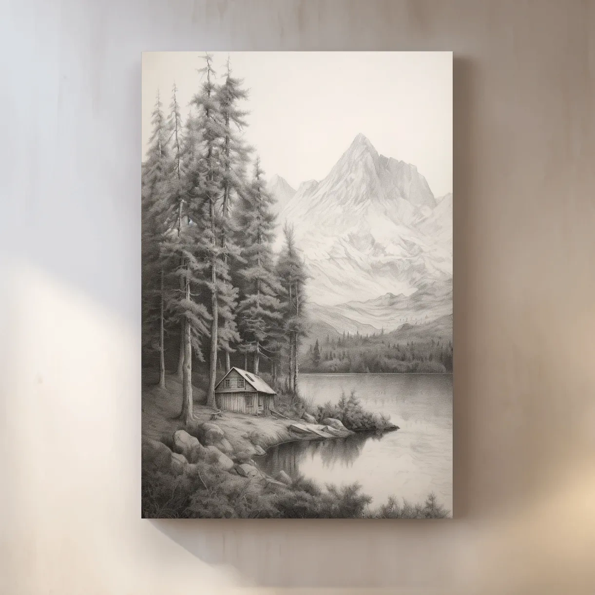 Lead pencil drawing of a cabin by an alpine lake