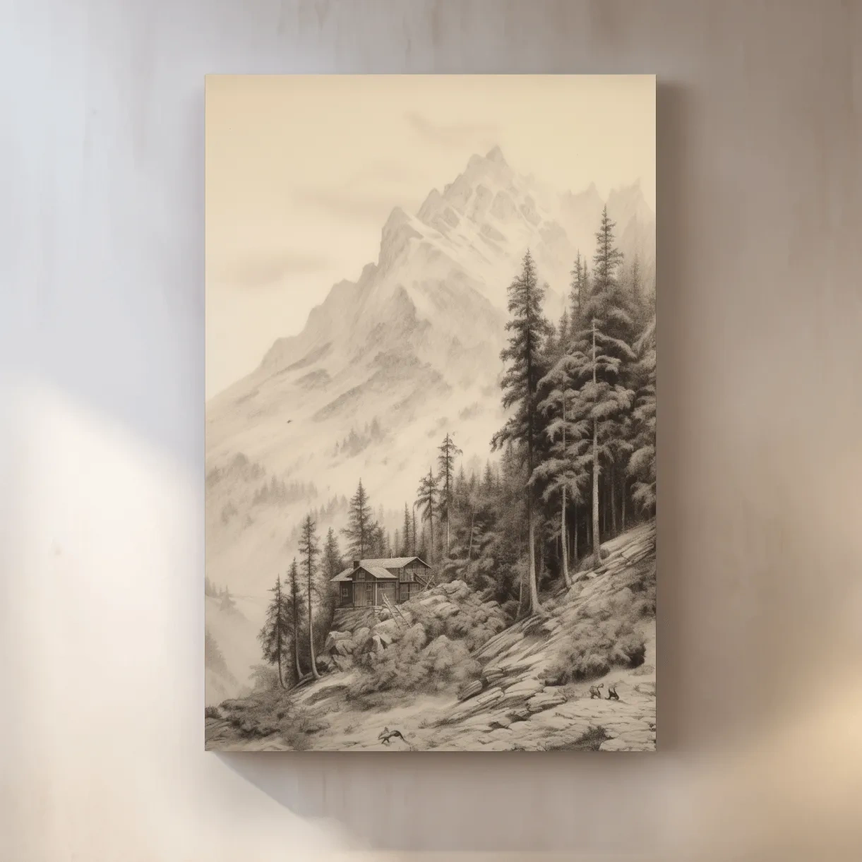 Lead pencil drawing of a cabin by a glacier